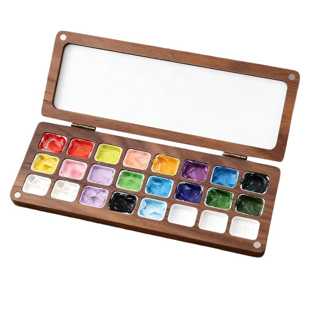 Watercolor Palette Box, 24 Colors Wooden Palettes Holder with 1ml Paint Grids & Lid Cover Compact Travel Paint Tray for Gouache Acrylic Painting
