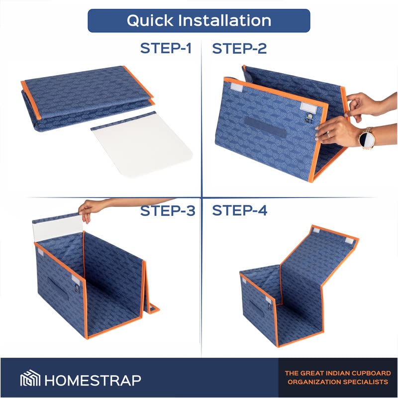 HomeStrap Set of 6 Printed Shirt Stacker Foldable Storage Organizer with Lid for Wardrobe | Almirah (Navy Blue with orange border) 3