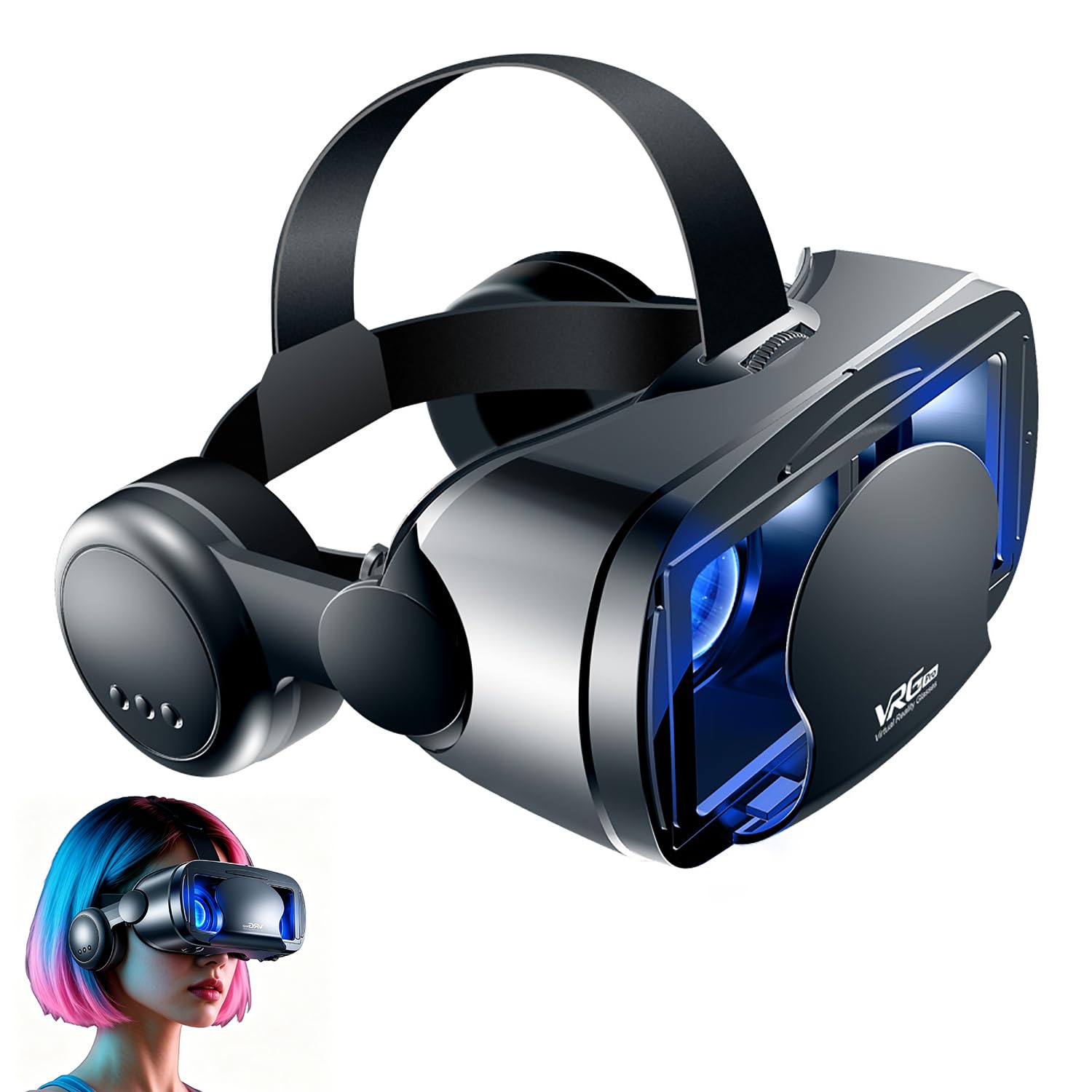 Occhiali 3D VR per smartphone con cuffie, cuffie per realtà virtuale, lenti HD anti-luce blu, IPD e messa a fuoco regolabili, compatibili con iPhone e Android (5-7"), cuffie VR per film e giochi (con)