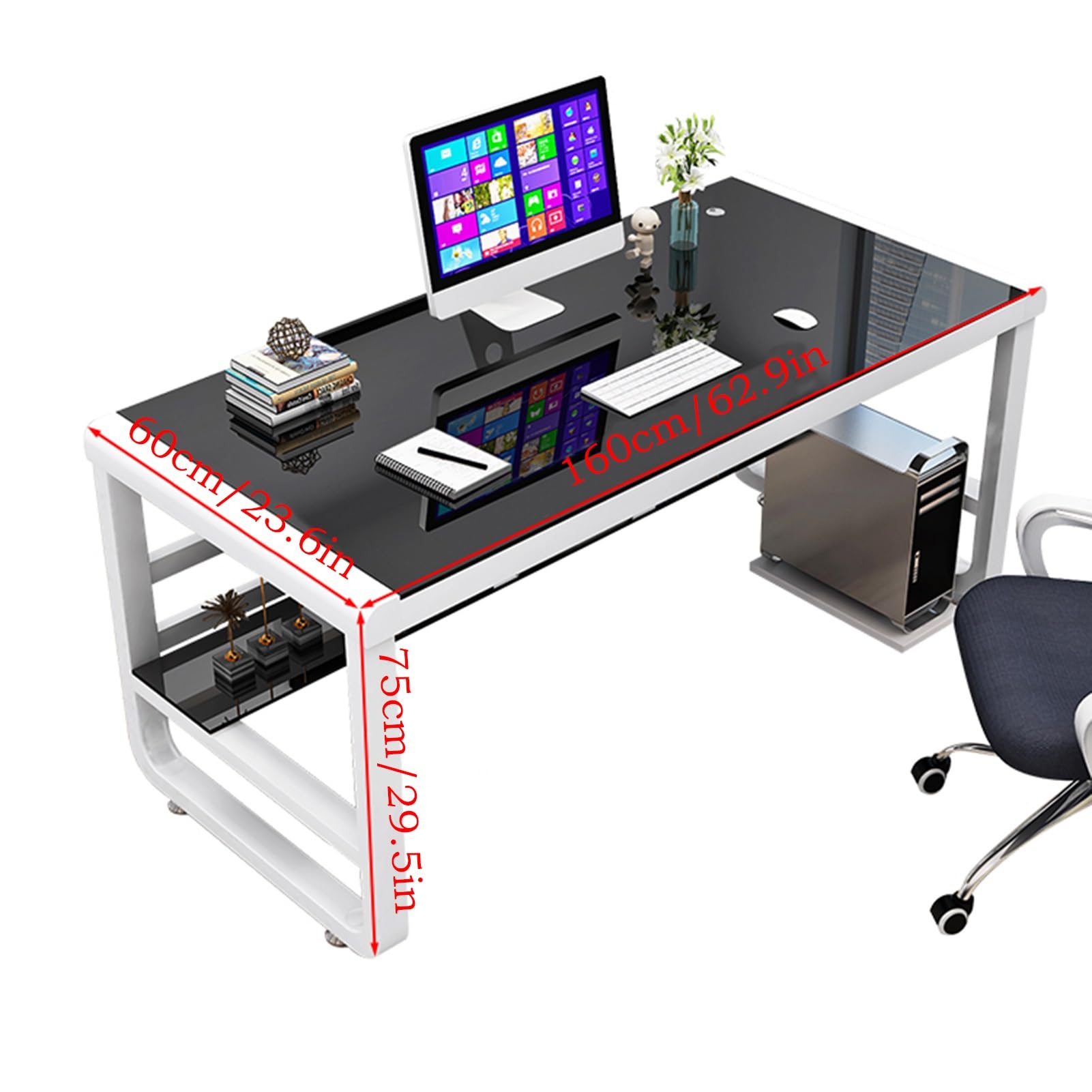 Stilvoller 159,8 cm moderner weißer Computertisch – Bürotisch aus gehärtetem Glas, einfache Montage, Gaming- und Schreibarbeitsplatz, idealer Laptop-Schreibtisch für Zuhause, Studium und Geschäft