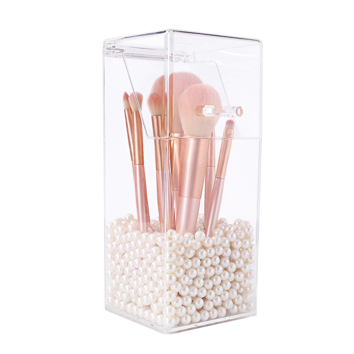 Makeup Brush Holder,Clear Acrylic Cosmetic Brushes Organizer with Lid and Pearl for Storage Brushes, Dressing Tables and Vanity (White Pearl Included)