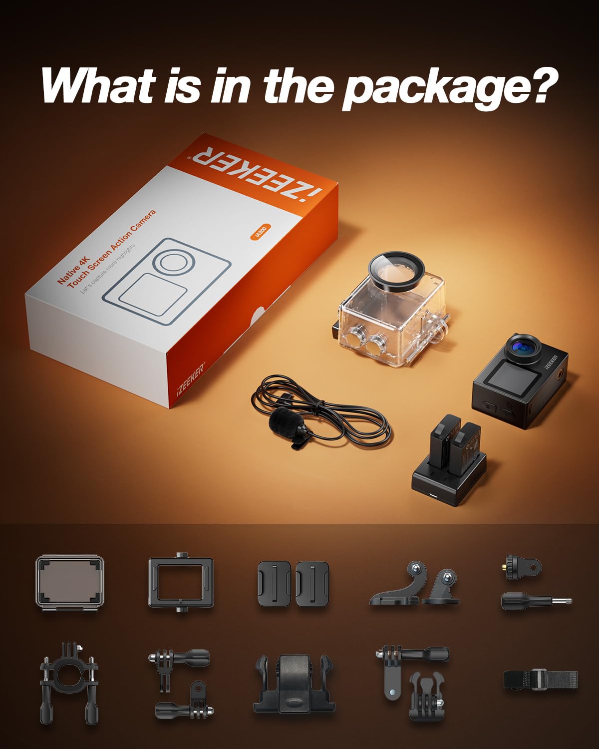 iZEEKER Camera Sport 4K 24MP, Étanché 40M, Camescope 4k avec EIS,Double écran Appareil Photo sous-Marin, WiFi, Vlog Camera, 2X1350mAh Batteries, Télécommande Micro Externe, Kit d'Accessoires