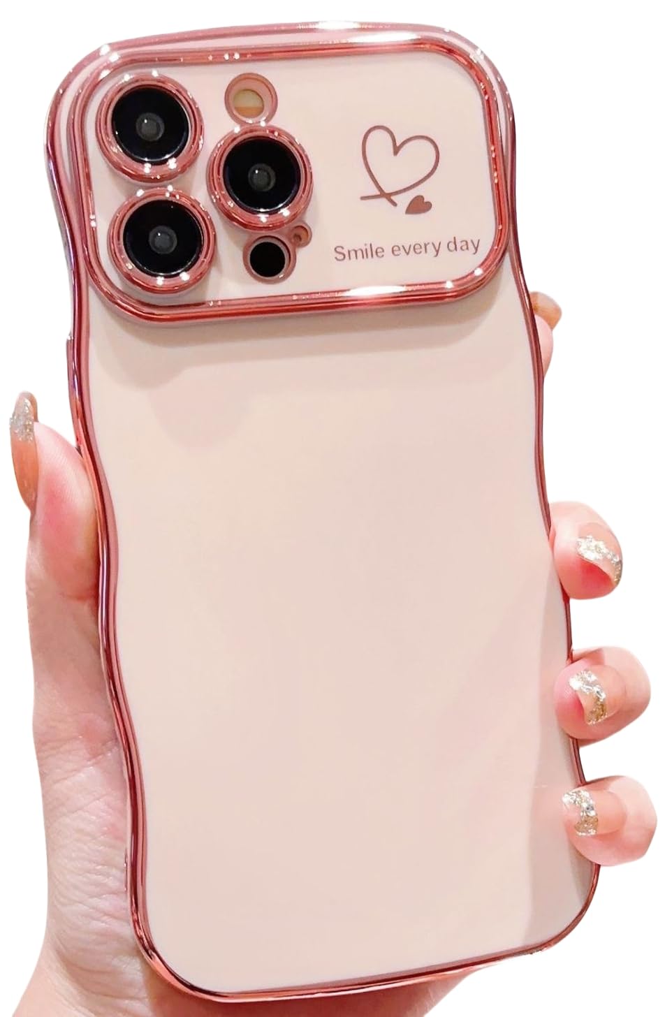 for iPhone 15 Pro Max Case for Women Girls, Cute Wave Frame Curly Shape with Love Heart Raised Camera Protection Cover Luxury Plating Shockproof Phone Case for iPhone 15 Pro Max (Pink)