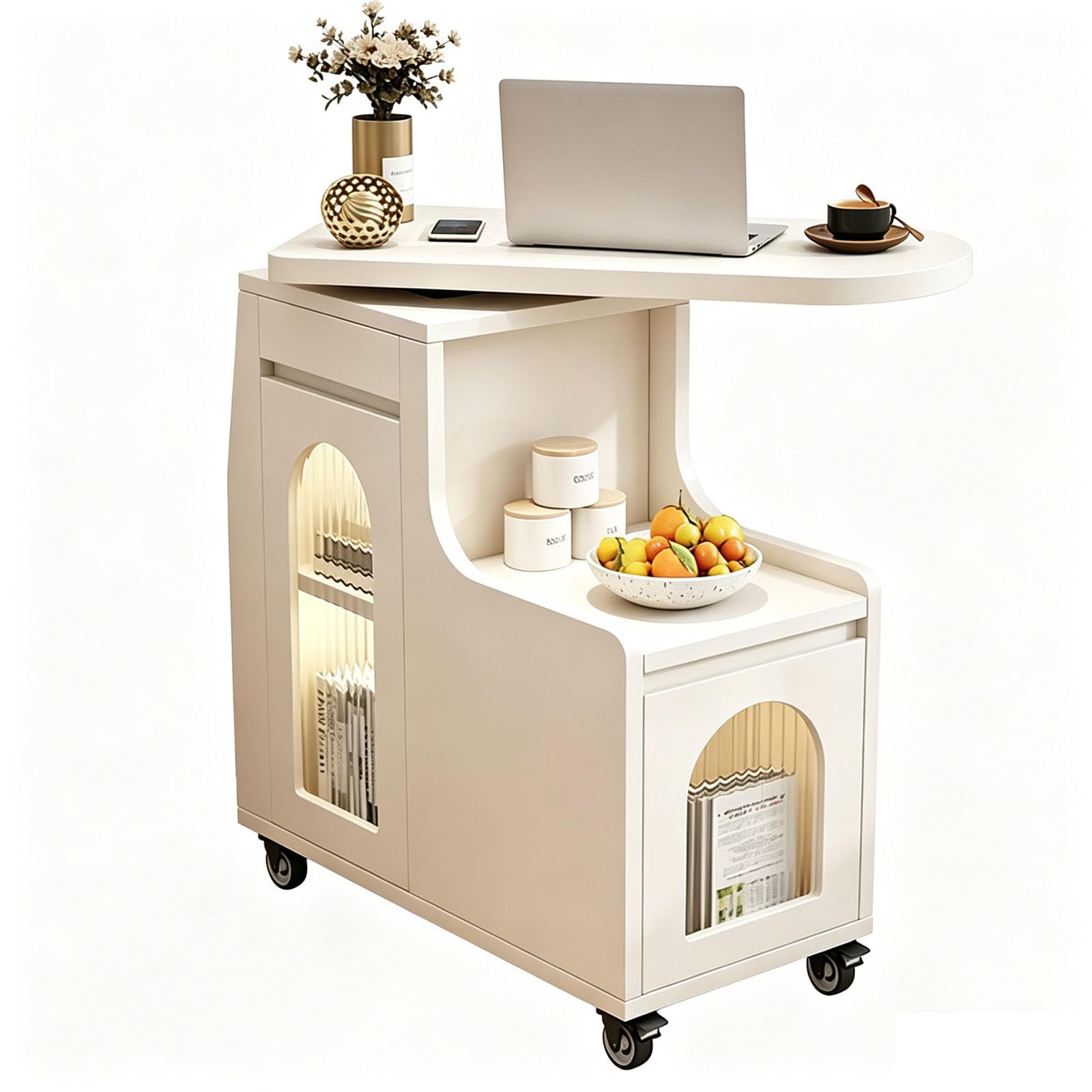 JOSBY Rotating Side Table, With Double Layer Side Shelves And Lockable Wheels; Modern Style Glass Arch Sofa Side Table, Movable Bedside Table For Living Rooms And Bedrooms waxy white 70×30×75