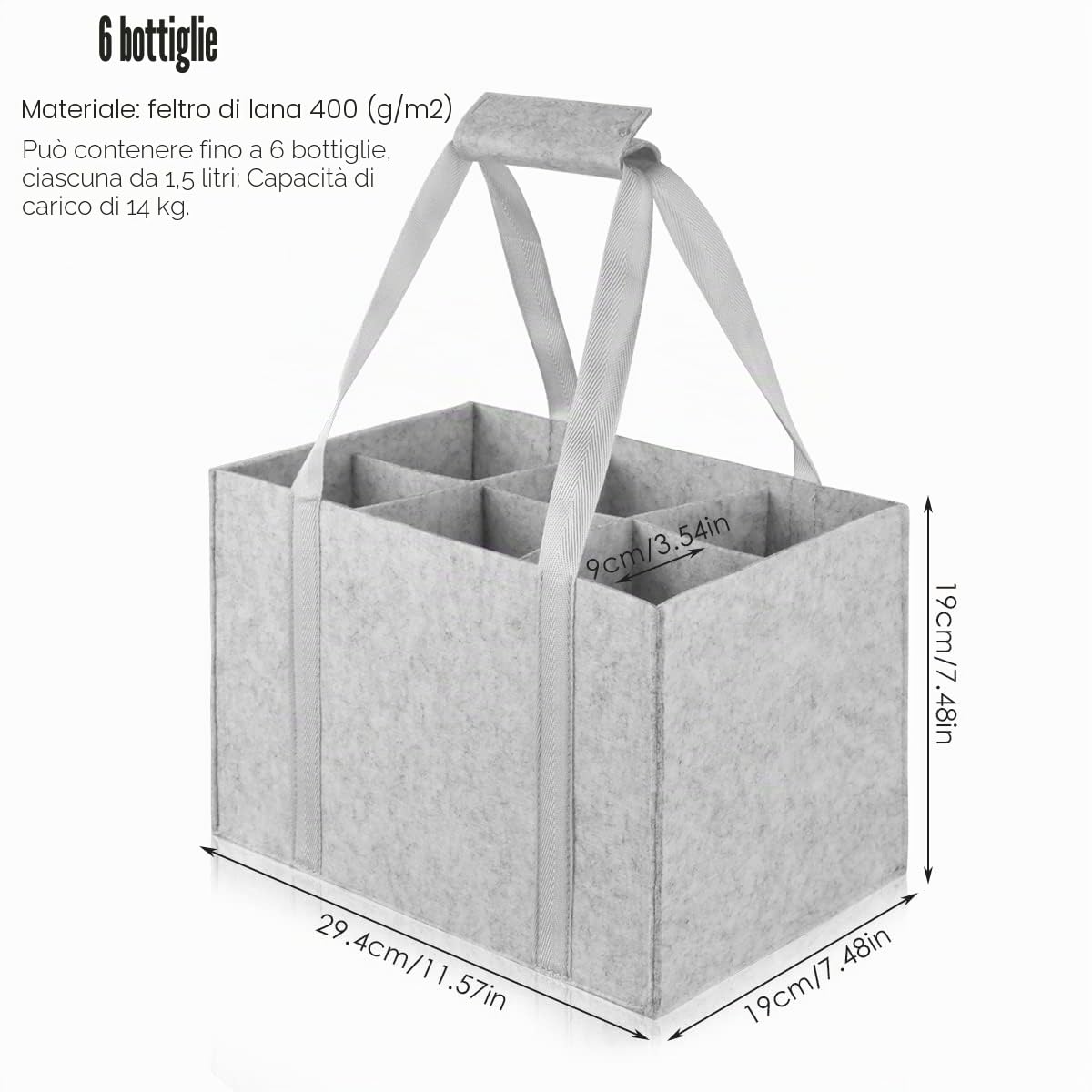 Borsa Portabottiglie Acqua, Porta Bottiglie in Feltro Resistente con 6 Scomparti, Buste Porta Bottiglie d'Acqua, Borse Portabottiglia per Vino per Campeggio 1,5 L di Birra(Grigio), 29*18*18cm