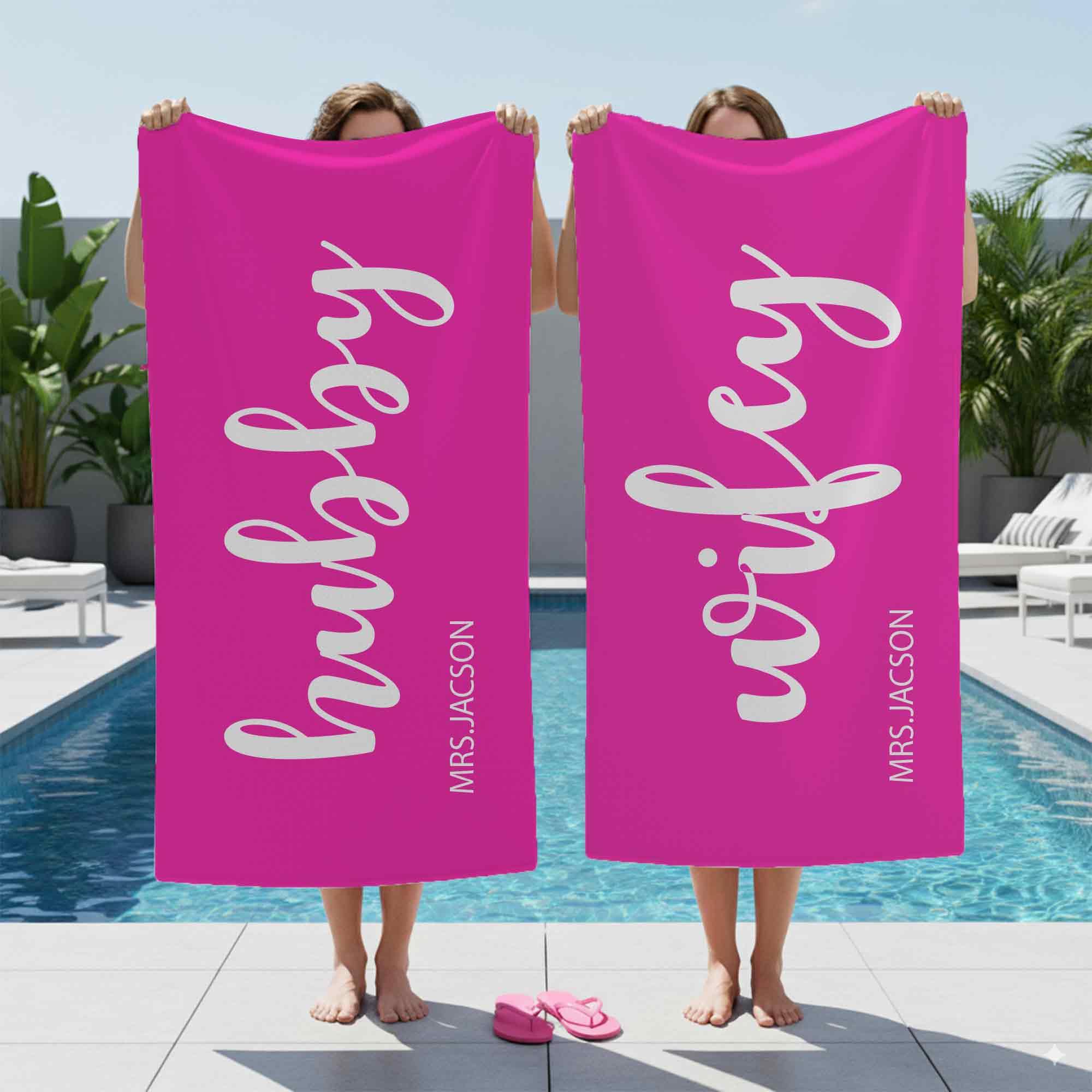 Print Maniacs Custom Couple Name Beach Towel Hubby and Wifey Personalised Microfibre Towel Large Quick Dry Lightweight Travel Towel Honeymoon Pool Spa Gift