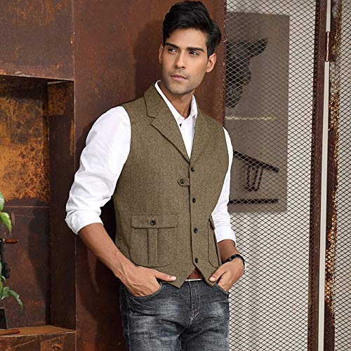 PJ PAUL JONES Mens Western Herringbone Suit Vest Tweed Wool Blend Slim Fit Waistcoat4