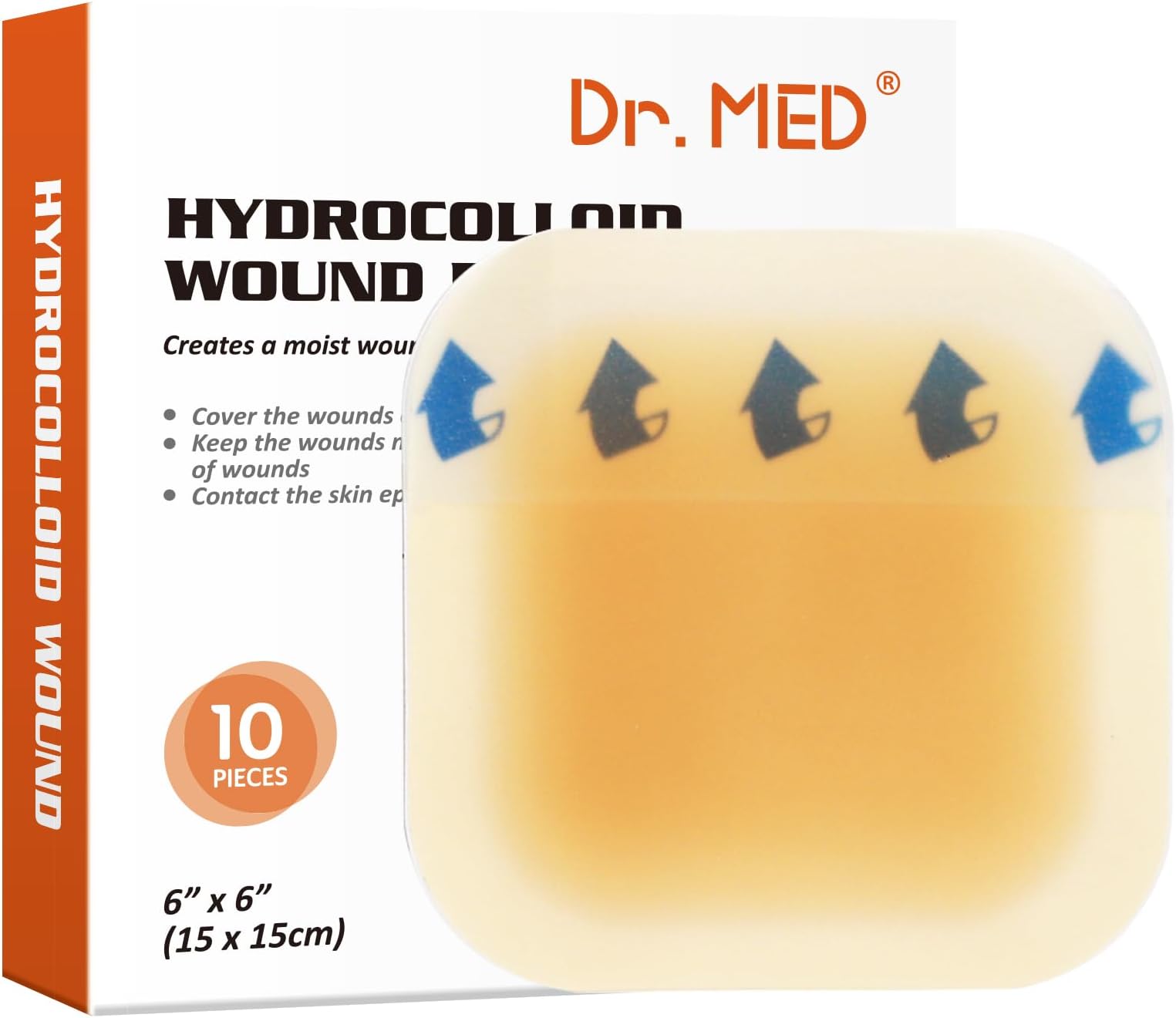 Dr. Med Hydrocolloid Wound Dressing 6"x6"-10 Pack/Box, Waterproof Adhesive Bordered Bandage, for Light Exudate, Abrasions, Pressure Ulcer, Bed Sore, Superficial Wound Care
