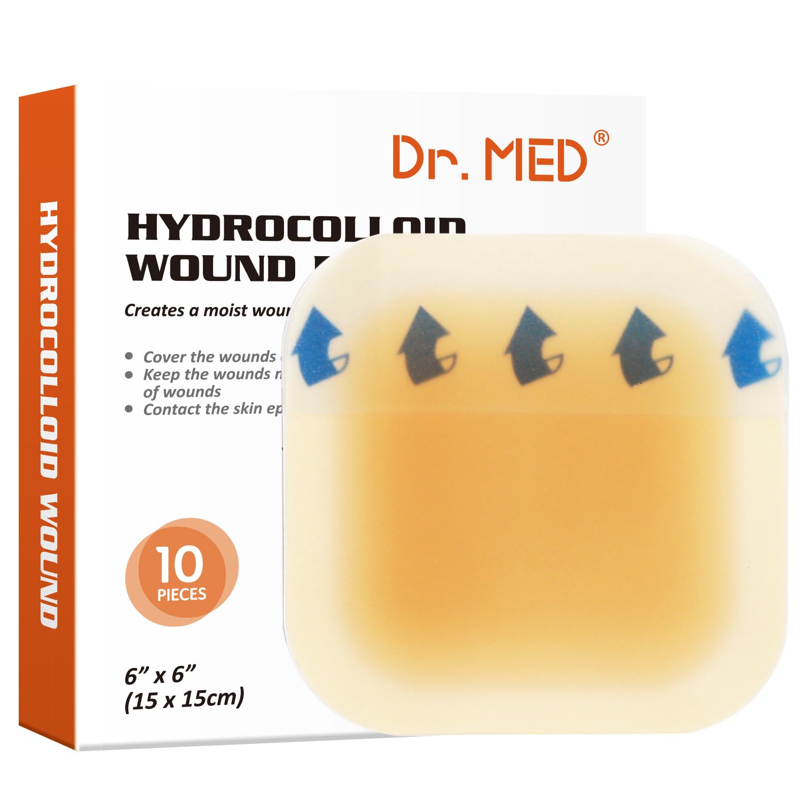 Dr. Med Hydrocolloid Wound Dressing 6"x6"-10 Pack/Box, Waterproof Adhesive Bordered Bandage, for Light Exudate, Abrasions, Pressure Ulcer, Bed Sore, Superficial Wound Care