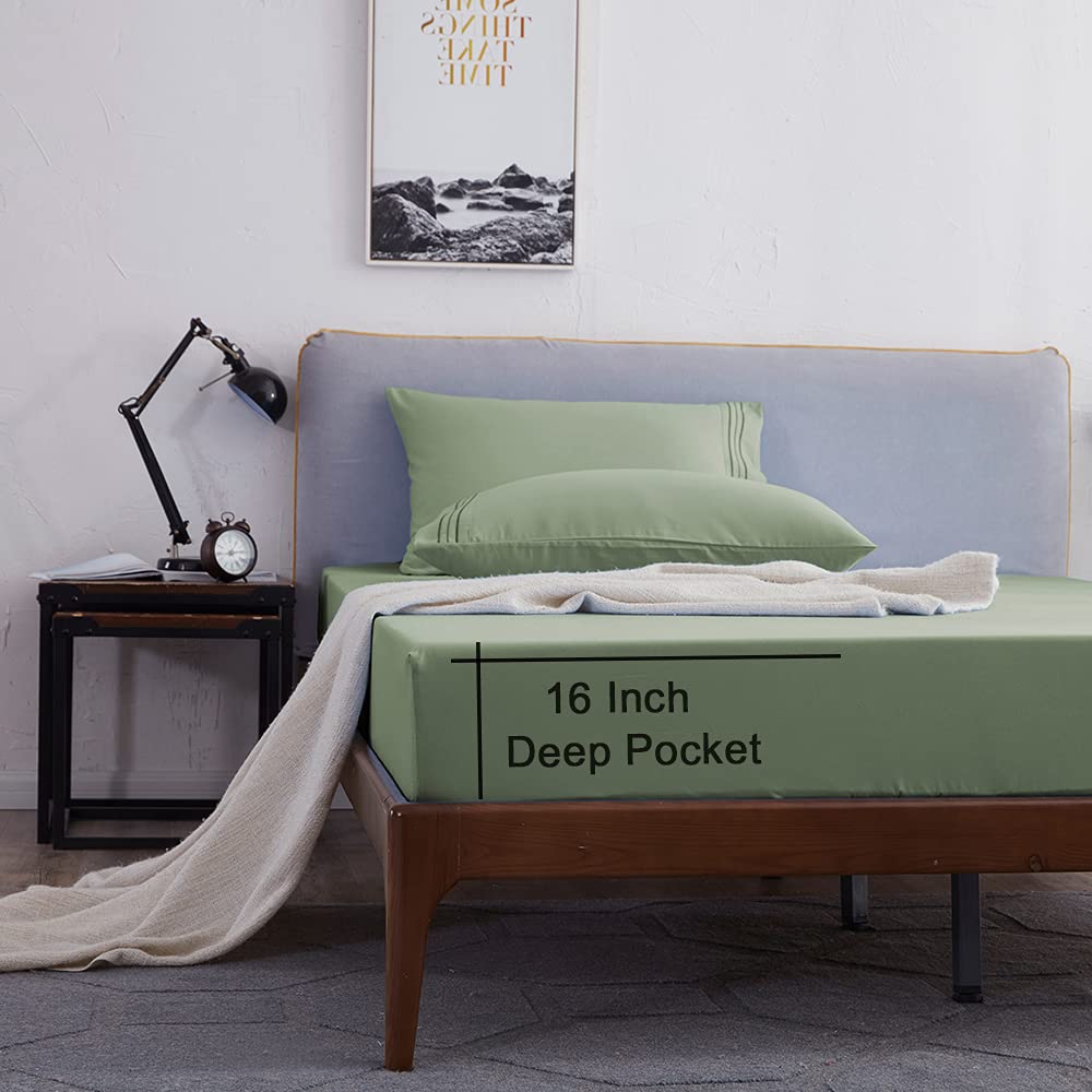 Shilucheng King Size Bed Sheets Set Microfiber 1800 Thread Count Percale Super Soft and Comforterble 16 Inch Deep Pockets - 4 Piece (King,Sage Green)