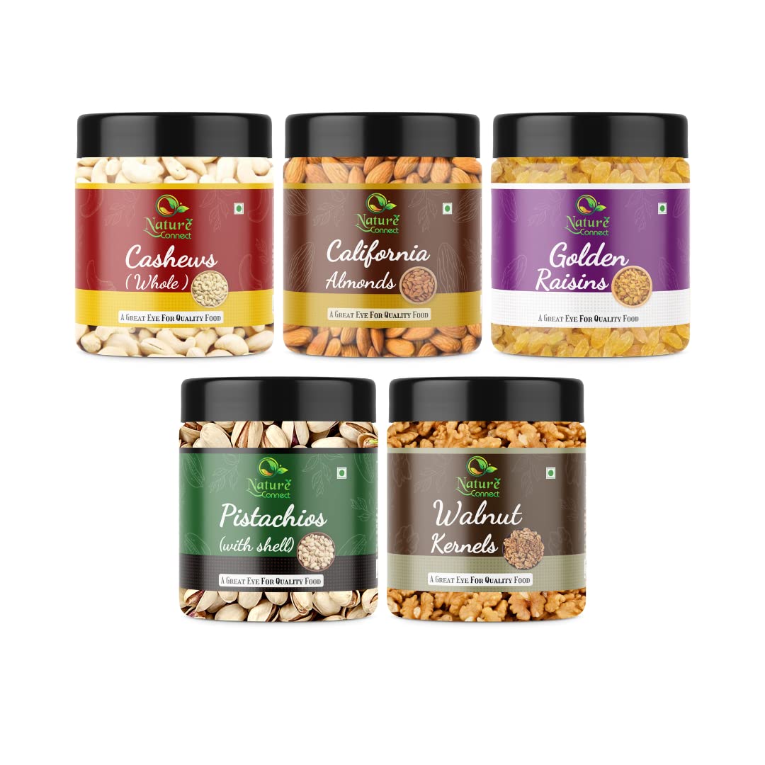 Nature Connect Dry Fruits Combo Pack - (250gm x 5) Total 1.25 kg (California Almonds 250 gm, Cashews 250 gm, Roasted Pistachios 250 gm, Golden Raisins 250 gm, Walnut Kennel Pack of 5 [Jar Pack] (B09R3PXMP5) Amazon Price History, Amazon Price Tracker