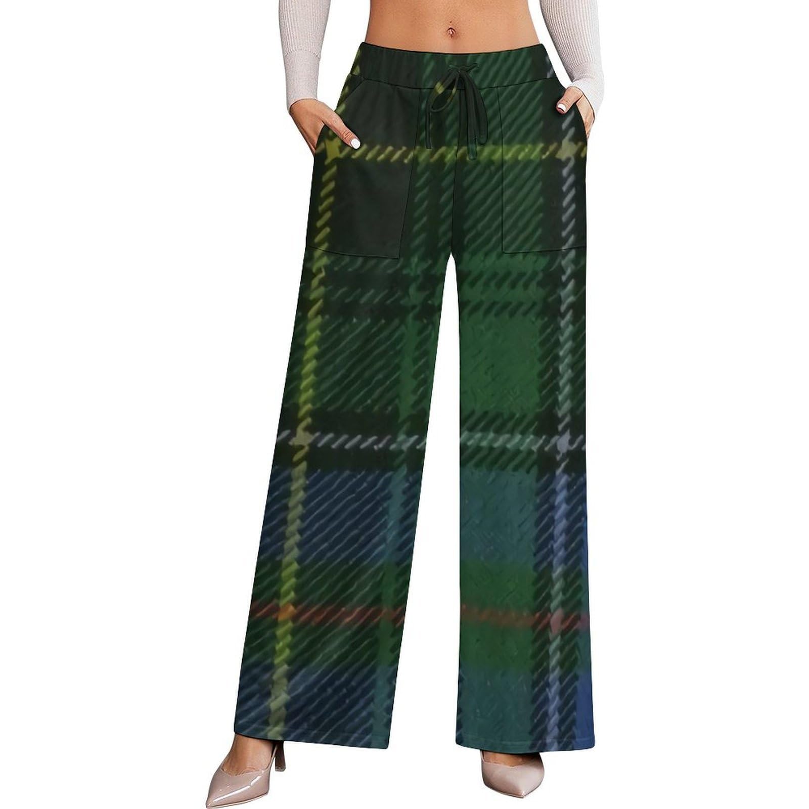 Dyale Black Watch Ancient Original ScottishTartan Womens Wide Leg Pants High Waisted Elastic Casual Sports Pants XS
