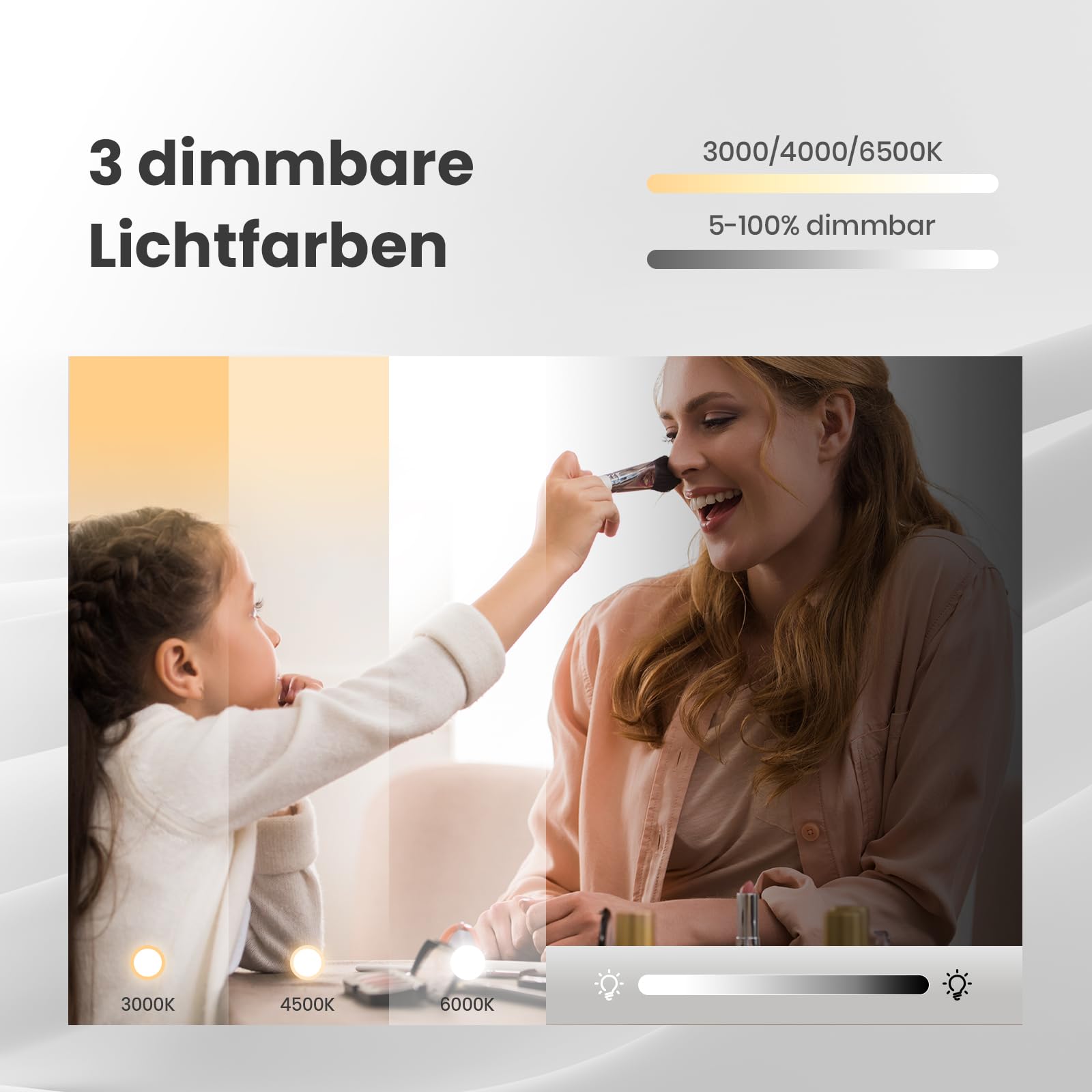 EMKE Specchio da bagno con illuminazione, 75 x 55 cm, specchio asimmetrico con touch, 3 colori di luce, dimmerabile, senza appannamento, specchio da bagno con illuminazione IP44, risparmio energetico