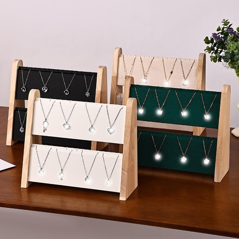 Présentoir de colliers en velours et bois à 2 niveaux, porte-bijoux