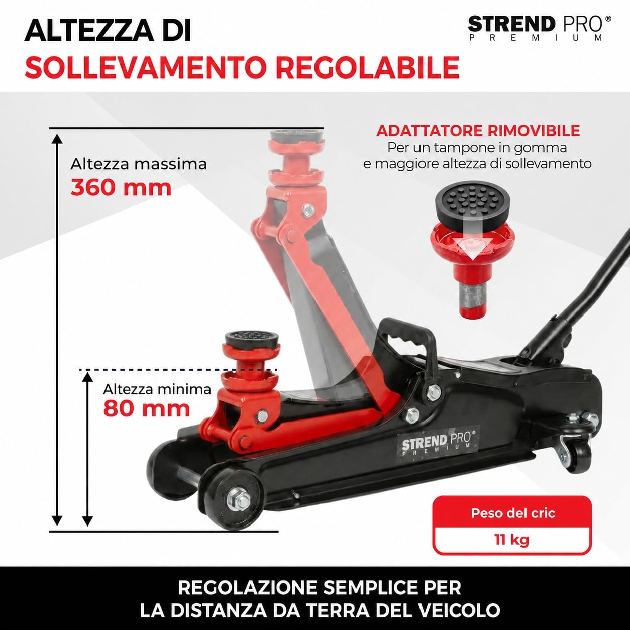 STREND PRO Premium Cric idraulico a carrello 2,5 t, profilo ribassato, altezza 80-360 mm, con ruote e adattatore in gomma per auto