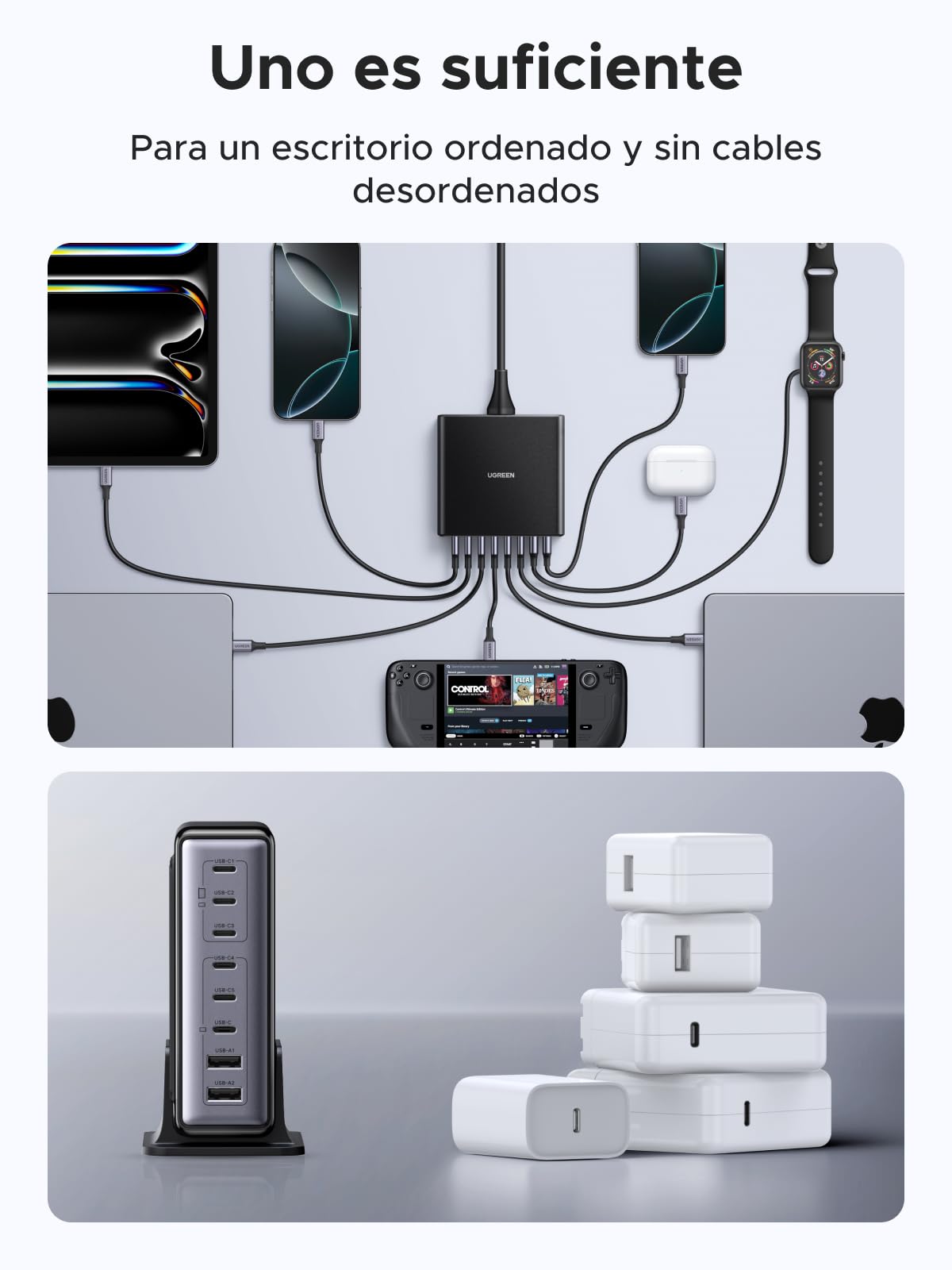 UGREEN Zapix 200W Cargador USB C GAN Estación de Carga de Sobremesa | 8 Puerto 100W PD 3.1 PPS 45W Carga Rápida GAN Compatible con MacBook Pro Air iPhone 17 Pro Max Air 16 Galaxy S26