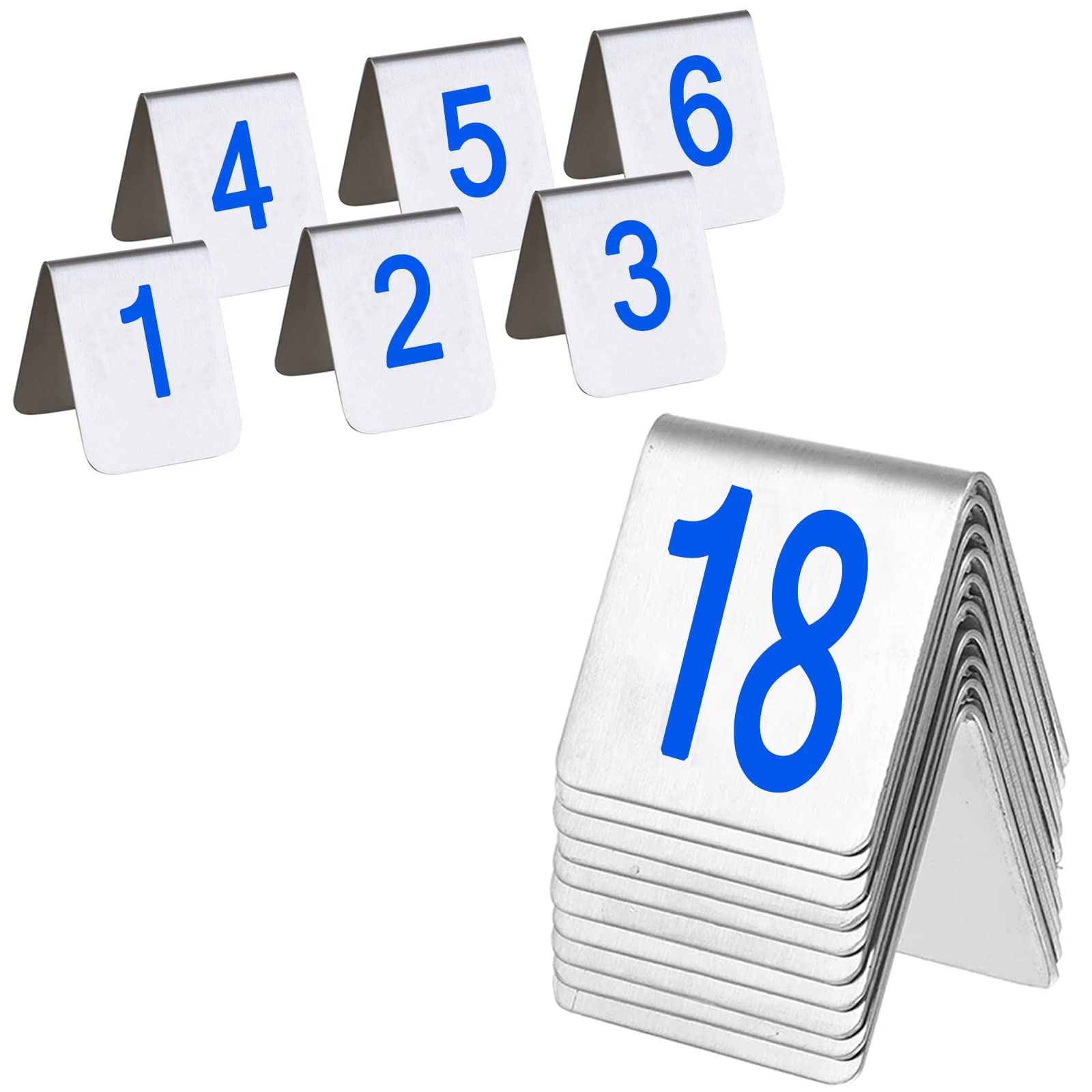 MYUYEE Metal Number Tags Stainless Steel, Table Numbers Tent Style, Place Cards Double-Sided Number 1 To 10/20, Tabletop Number Sign For Banquets, Cafés, Restaurants (Blue-7.5X6X6.5Cm)