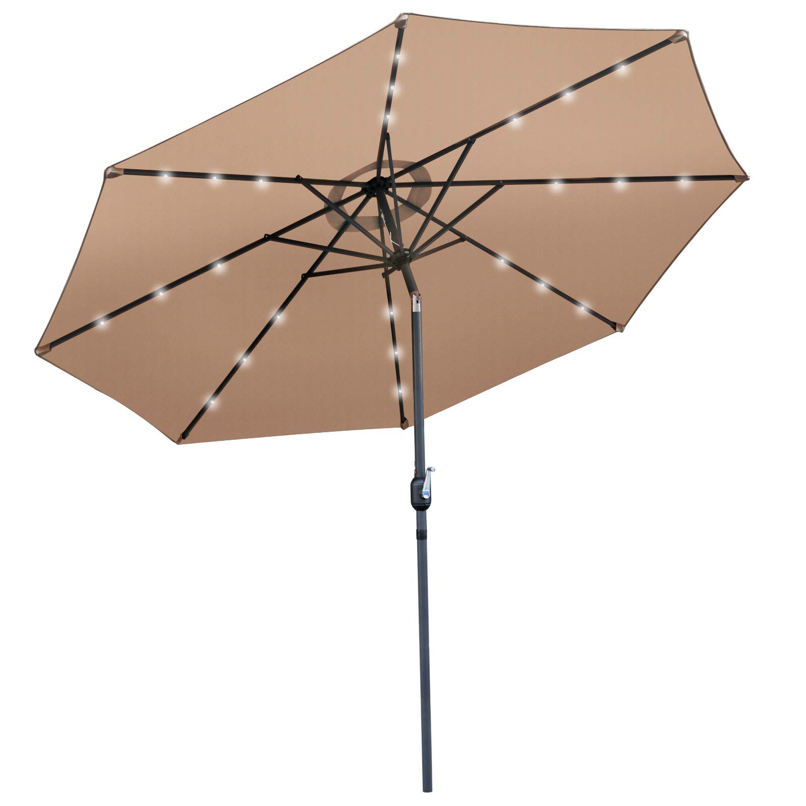 Amazon Com Super Deal 10ft Solar Led Lighted Patio Umbrella Table Umbrella Push Button Tilt Adjustment Crank Lift System Aluminum Ribs For Patio Garden Backyard Deck Poolside And More Tan Clothing