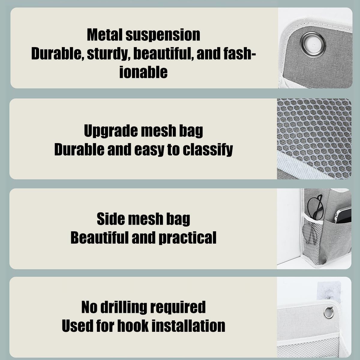 Hanging Organizer with Pockets and Sticky Hook, Hanging Storage Baskets for Bathroom Bedroom Office Home Kitchen (Beige)