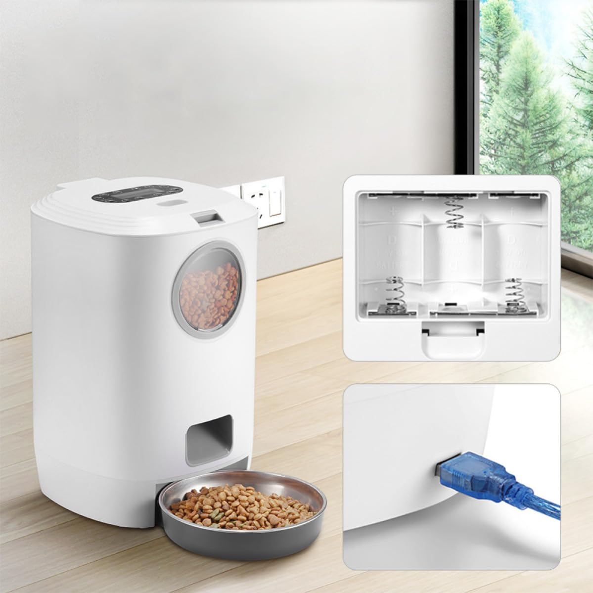 Comedero Automático para Mascotas Comedero Inteligente para Mascotas 4,5 L 4 Comidas Grabación de Voz USB Blanco Abs Acero Inoxidable y PC para Gatos