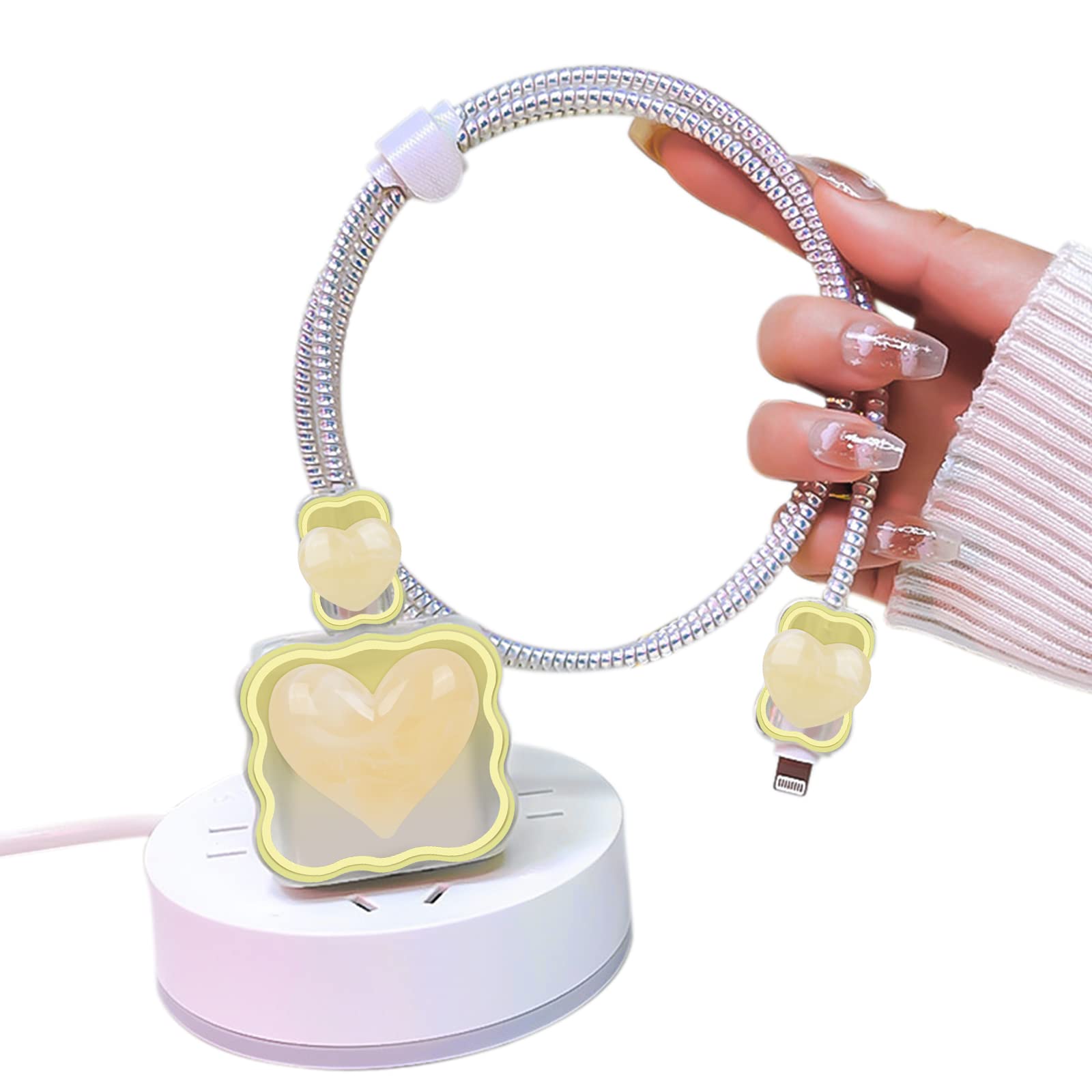 Lovely Cable Protector for Apple 18W/20W Charger,Cute Marble 3D Heart Waves Design,Data Line USB Cover Wire Saver Phone Charger Protector for iPhone 11 12 13 14 Pro Max XS XR 7 8 Plus-Yellow