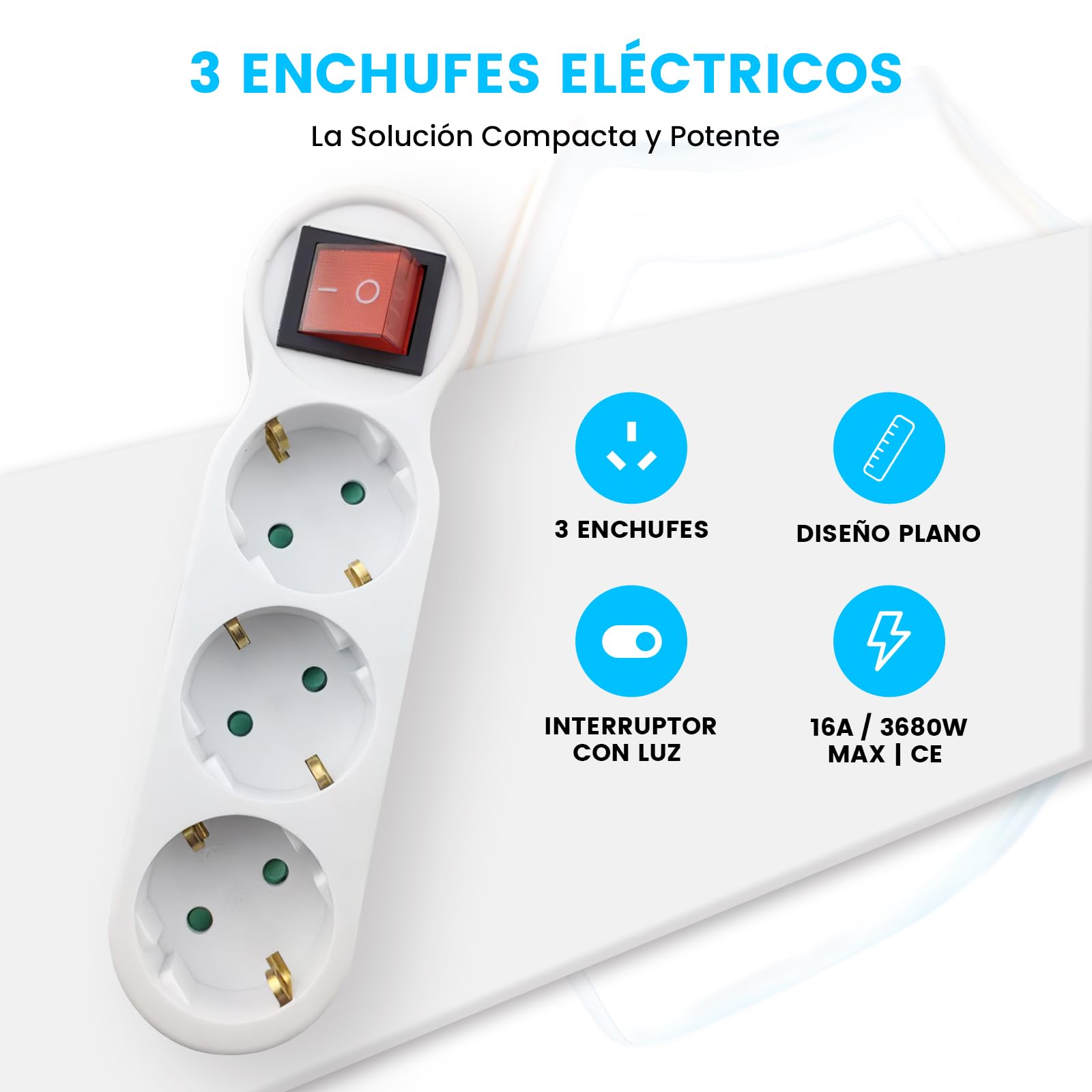 Triple Wall Plug, 3 Sockets with Light Switch, 16A 250V 3680W Max, Compact Design for Small Spaces in Home or Office — view 2