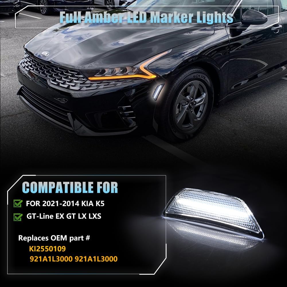 Front LED Side Marker Lights for Kia K5 2021 2022 2023 2024, K5 Clear Lens Side Bumper Marker Lights, Kia White LED Turn Signal Lamps, Replace OEM #921A1-L3000, 921A2-L3000, 2 PCS