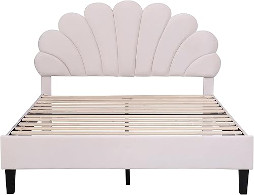 Miniatura 1 de Merax Base de cama matrimonial tapizada con cabecero, cabecera especial en forma de carcasa de tamaño matrimonial con tablas. No necesita somier