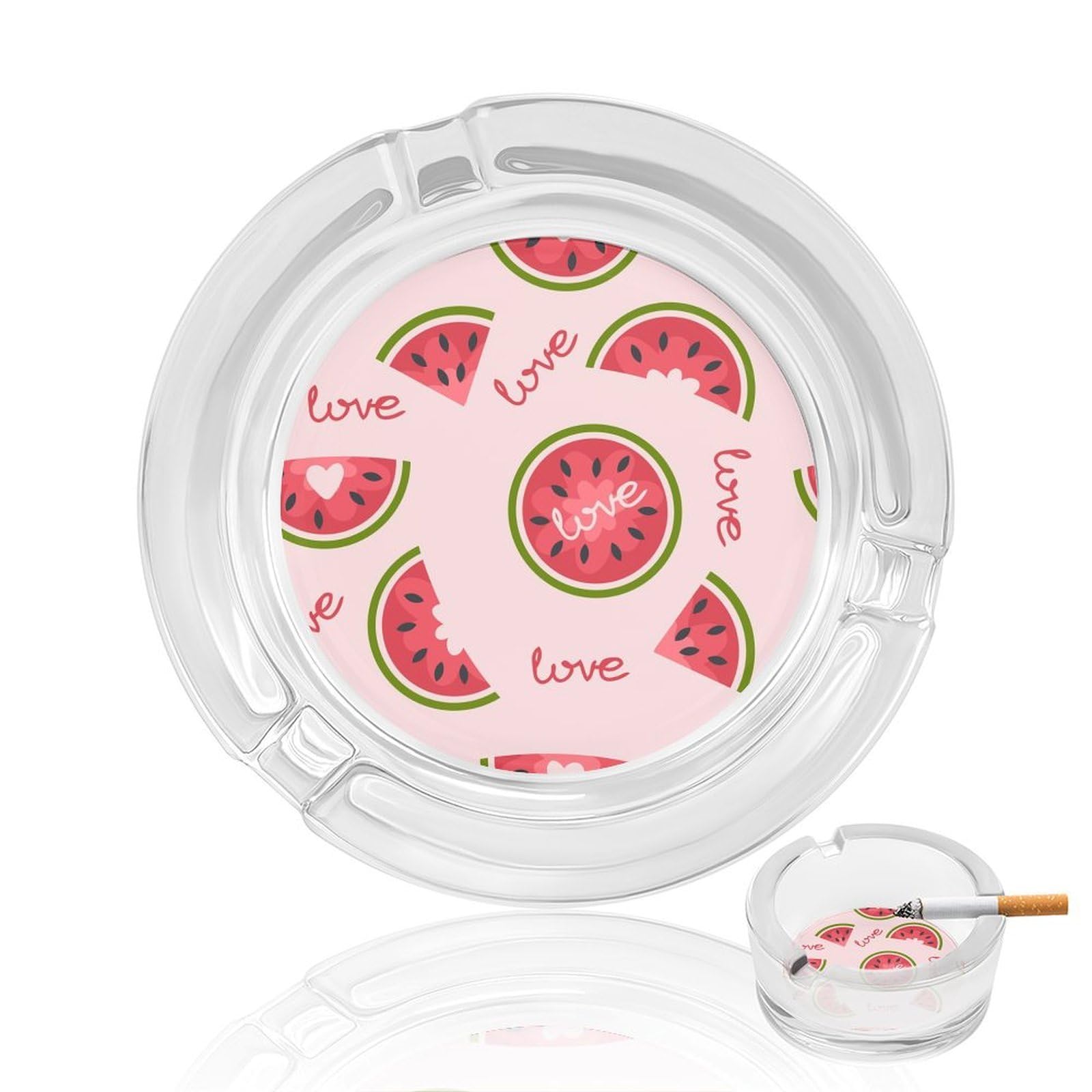 Pink Watermelon Fr Glass Ashtray 3.3 Inch Round Cigarette Ash Holder with 4 Grooves for Home Office Outdoor One Size