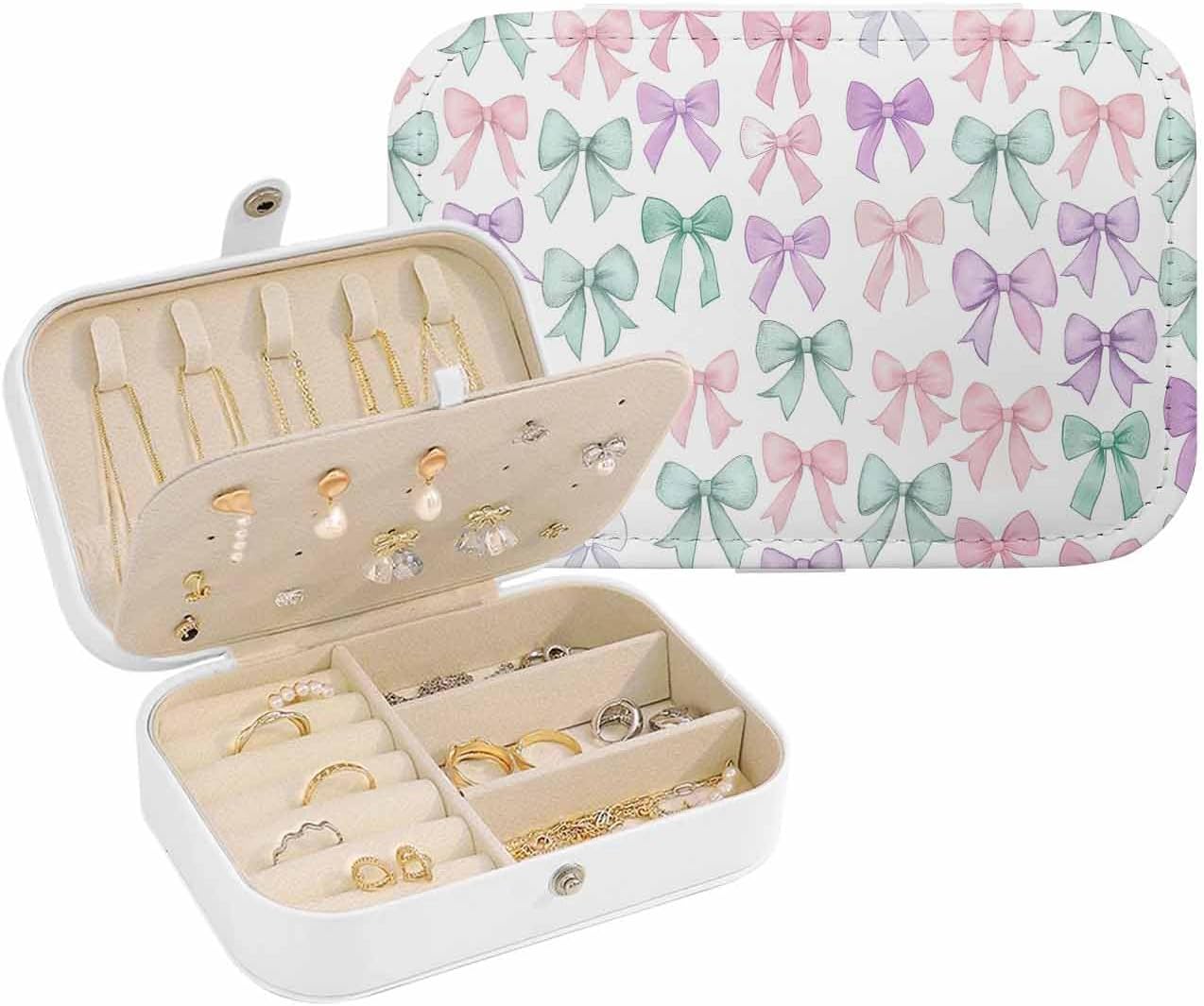 Pink Purple Teal Jewelry Organizer and Storage Box, Portable Travel Jewelry Box for Women, PU Leather Large 6.3x4.3x2 Inches, Watercolor Bow Farmhouse Earring Necklace Storage Case