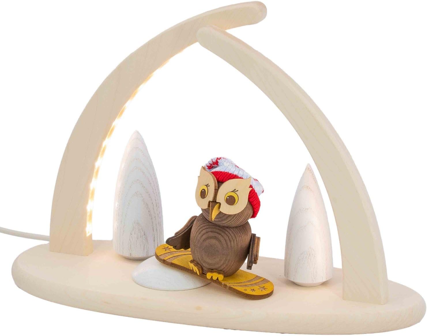 Window Lighting Christmas Lighting LED Pointed Arch Christmas Arch Candle Arch Light Arch Christmas Decoration from the Ore Mountains 29 x 21 cm Owl with Snowboard
