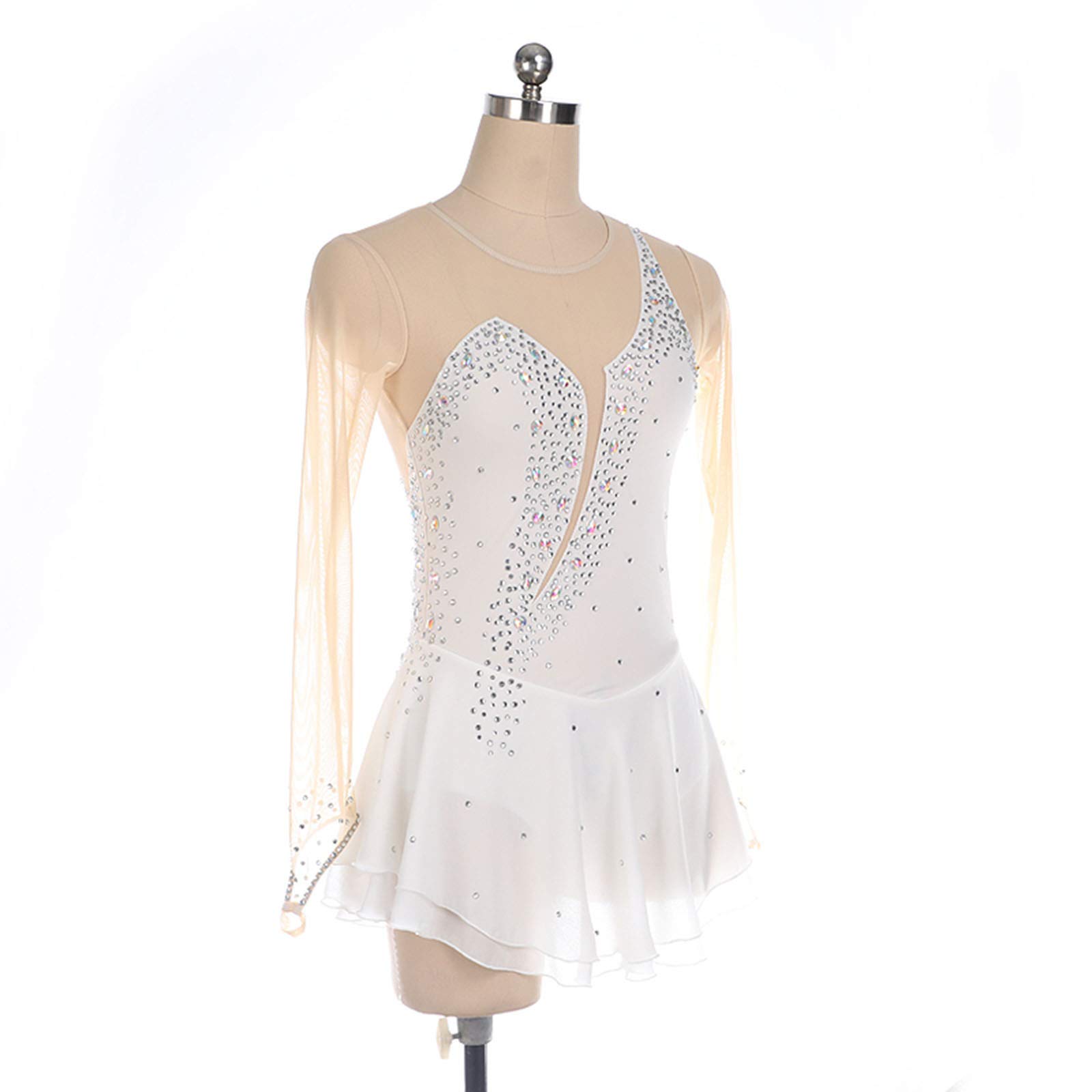 Robe De Patinage Artistique Concours Personnalisé Jupe De Patinage sur Glace pour Fille Femmes Enfants Gymnastique Performance,White-XL