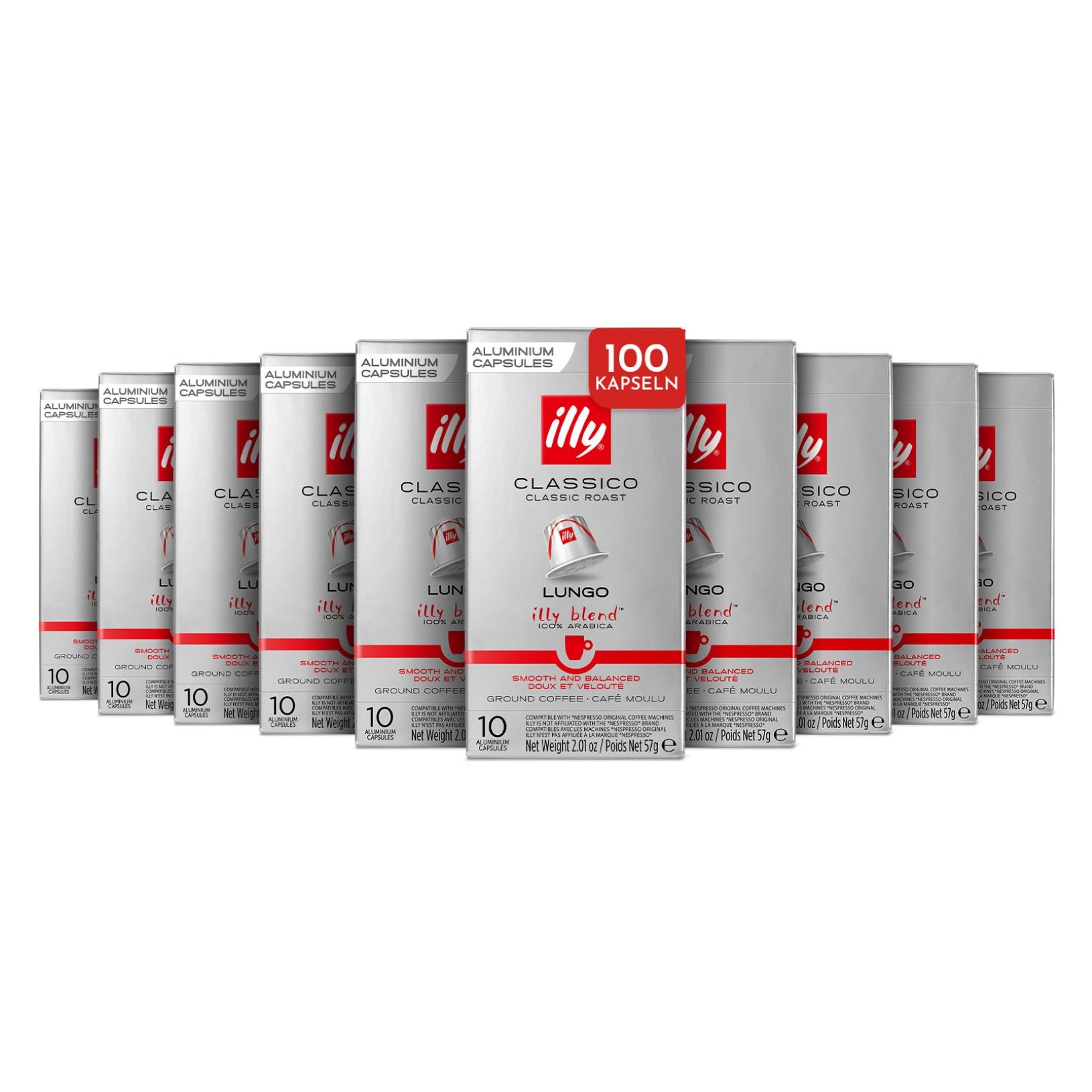 illy, Kaffee in kompatiblen Kapseln CLASSICO Lungo, 100 Kapseln Insgesamt | In Aluminium, 100% Arabica mit Noten von Orangenblüten und Jasmin, Sanfter Geschmack, 10 Packungen mit 10 Kapseln