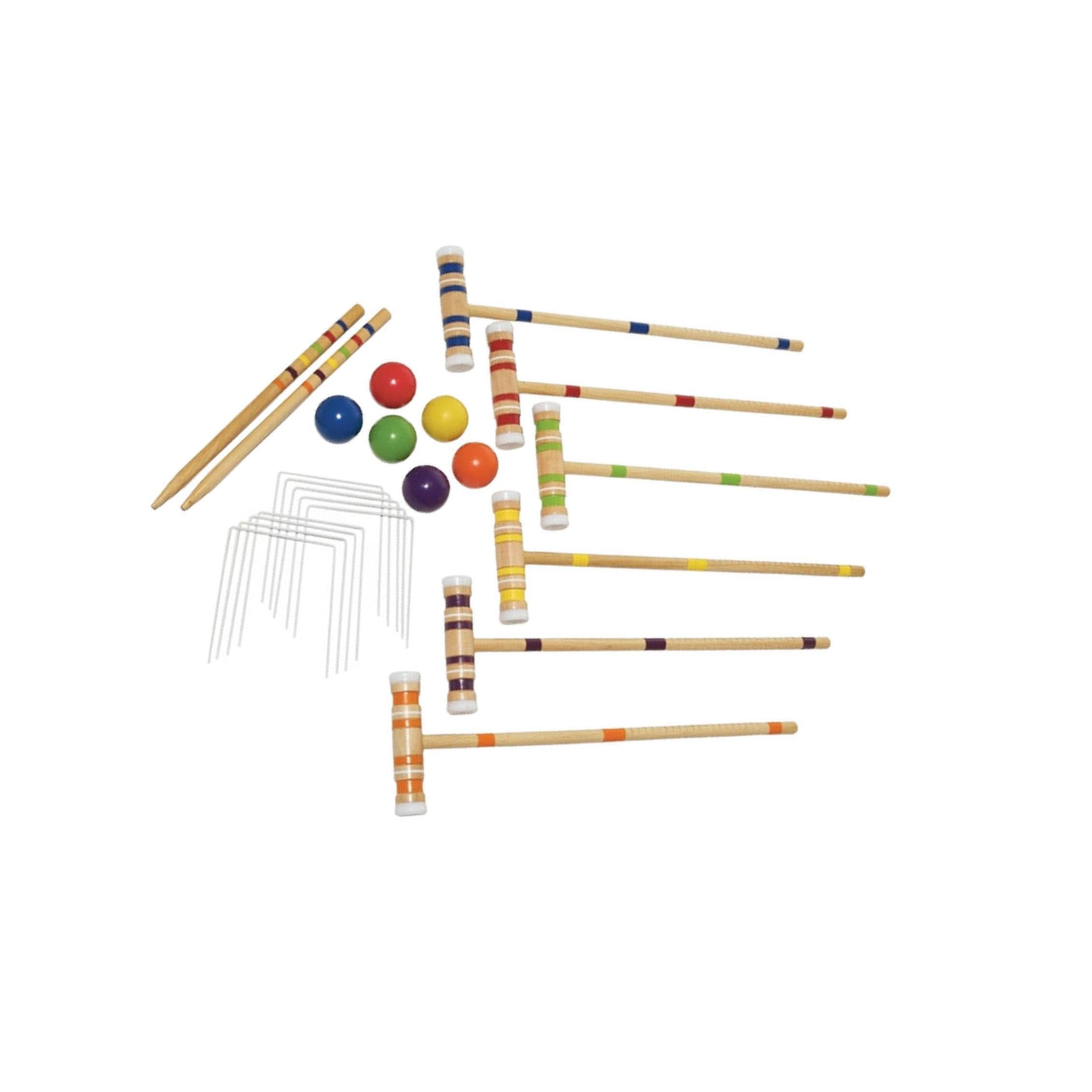 Outdoor Krocketset mit Holzschlägern und farbigen Kugeln für unterhaltsame Gruppenaktivitäten bei Gartenfesten oder Anderen besonderen Anlässen. Sportliches Outdoor