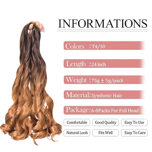 Miniatura 2 de Cabello rizado francés, 24 pulgadas, #T430, suelto, ondulado, paquete de 8 extensiones de cabello trenzado francés con volumen, 2.65 ozpaquete,