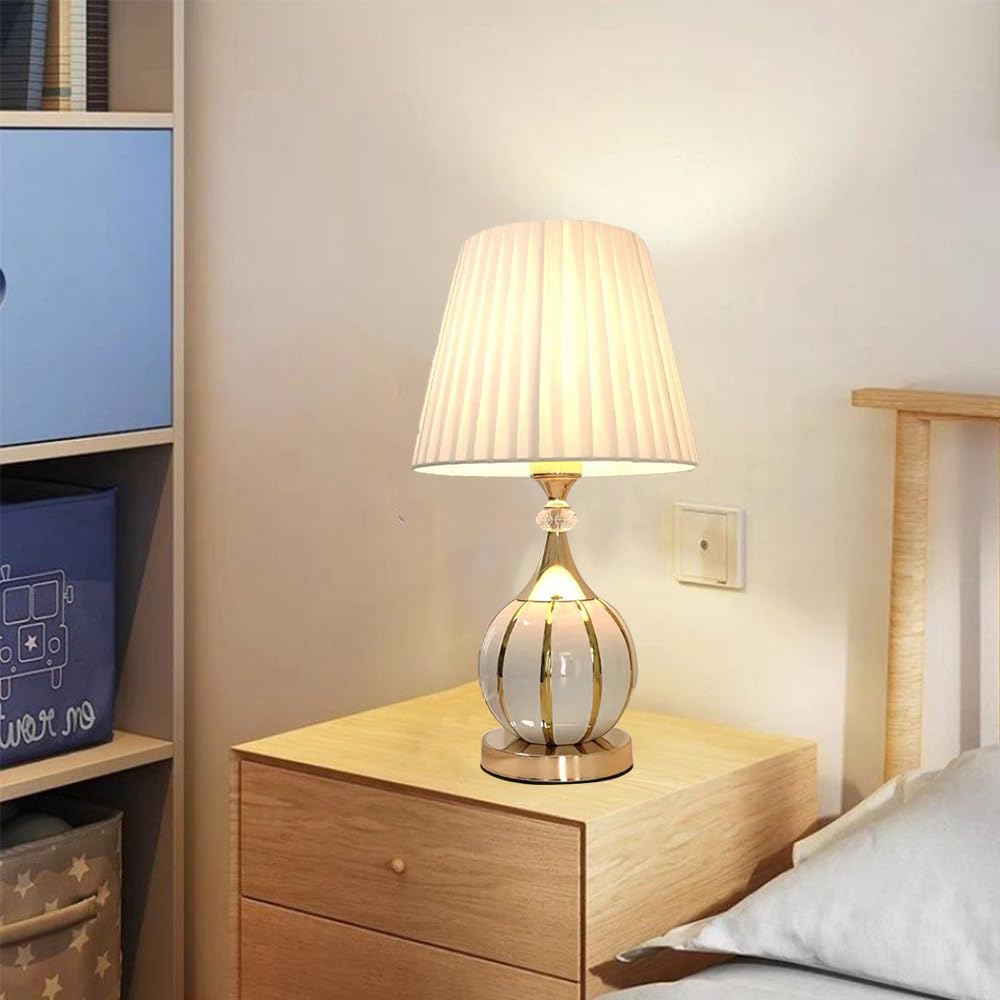 Mengjay Lampada da tavolo in ceramica vintage, Base Sferica,lampada da comodino per soggiorno, camera da letto in tessuto, Luce da lettura, Luce da scrivania, E27 Luce notturna (Bianco)