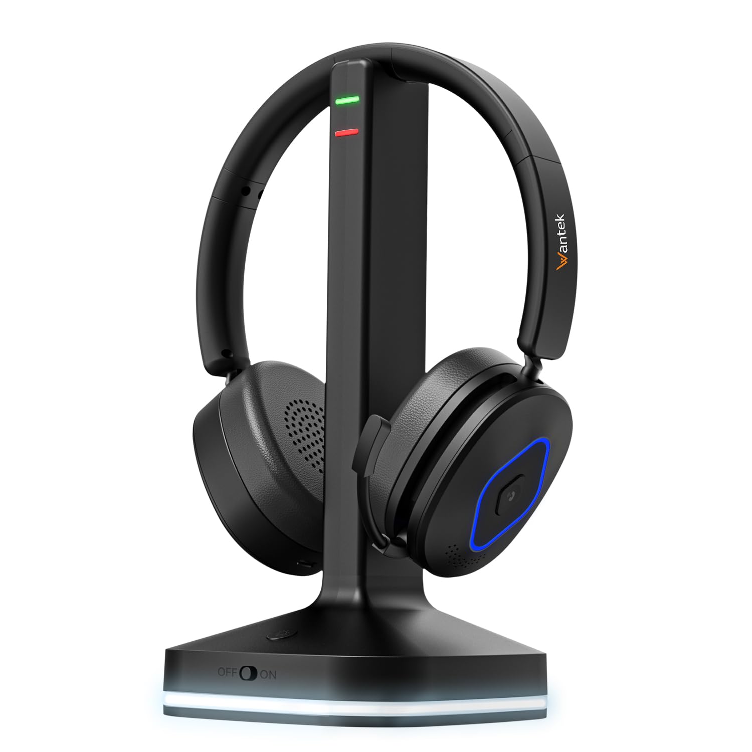 Wantek Kabelloses Headset mit Mikrofon, Bluetooth Headset mit Ladestation, Wireless Kabelloses Headphone mit Mikrofon und USB Dongle, Call Center Headphone für Computer Laptop Teams Büro Zoom