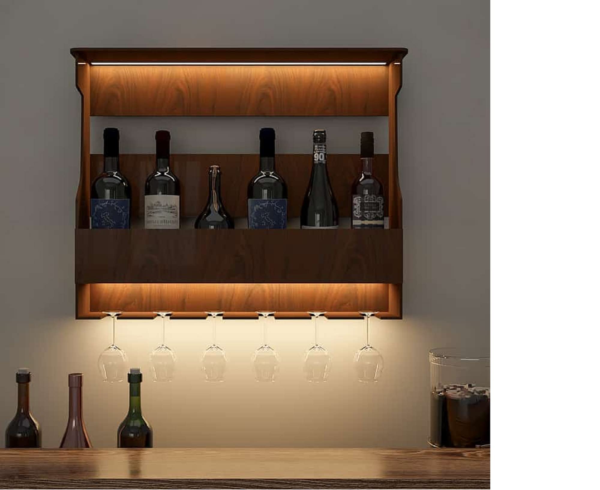 Indigo interiors Wooden Wall Mounted Wine Rack, Bar Cabinet with Glass Storage, Wall Hanging Mini Bar for Home Wine Rack/Holder Upside Down Glass Hanging Organizer (Rosewood) (Natural) (Black)-image-49