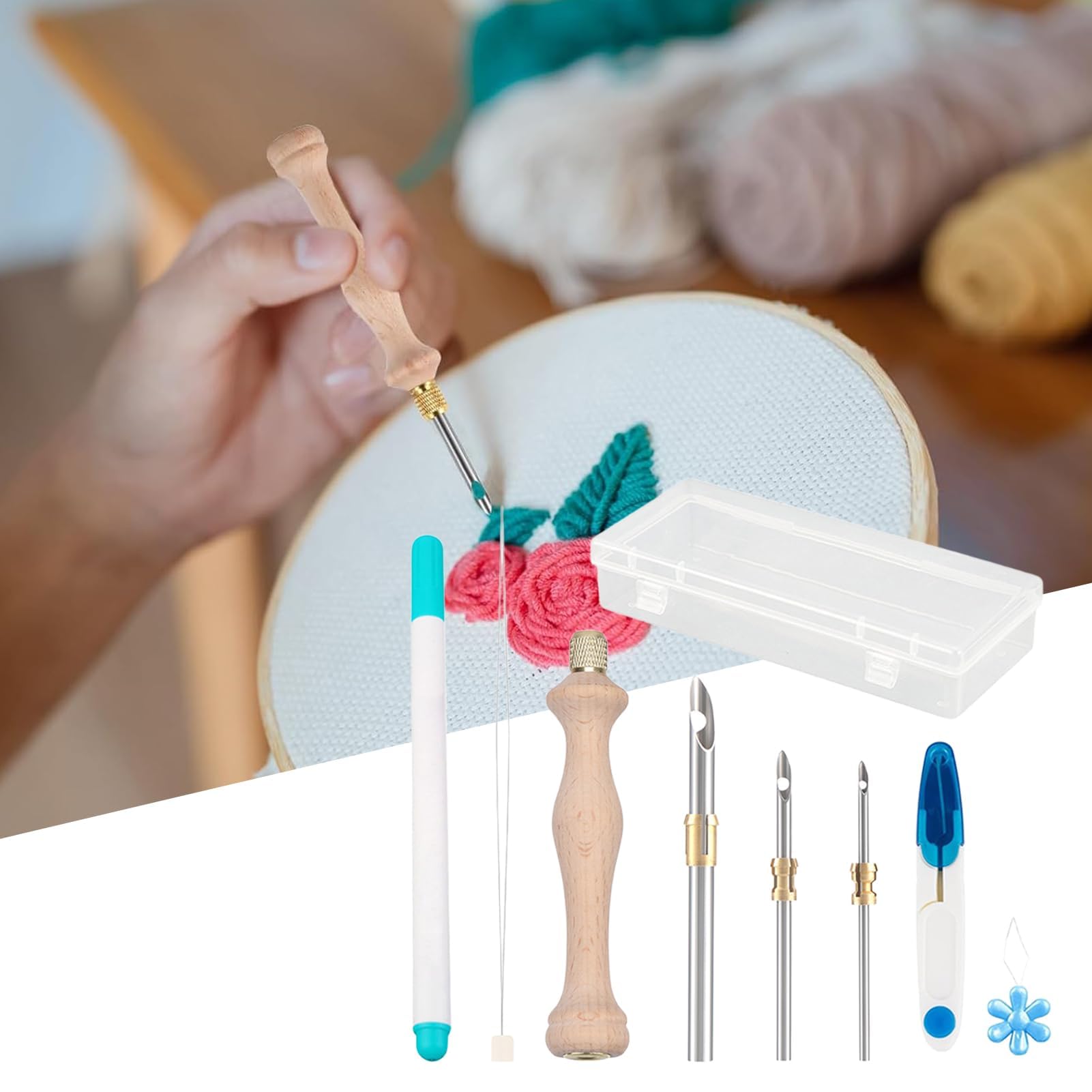Punch Needle Tool, Punch Needle Kit – Nadelstanz-Set mit Einfädler – Aufbewahrungsbox für Stickereien für Erwachsene und Kinder, enthalten in Osterbastelprojekten