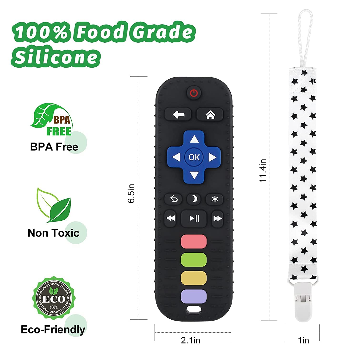 WUJUN Baby Teether Toy Chew Toy for Babies 3-24 Months TV Remote Control Shape Teething Relief Baby Toys for Infants (Black) - Image 2