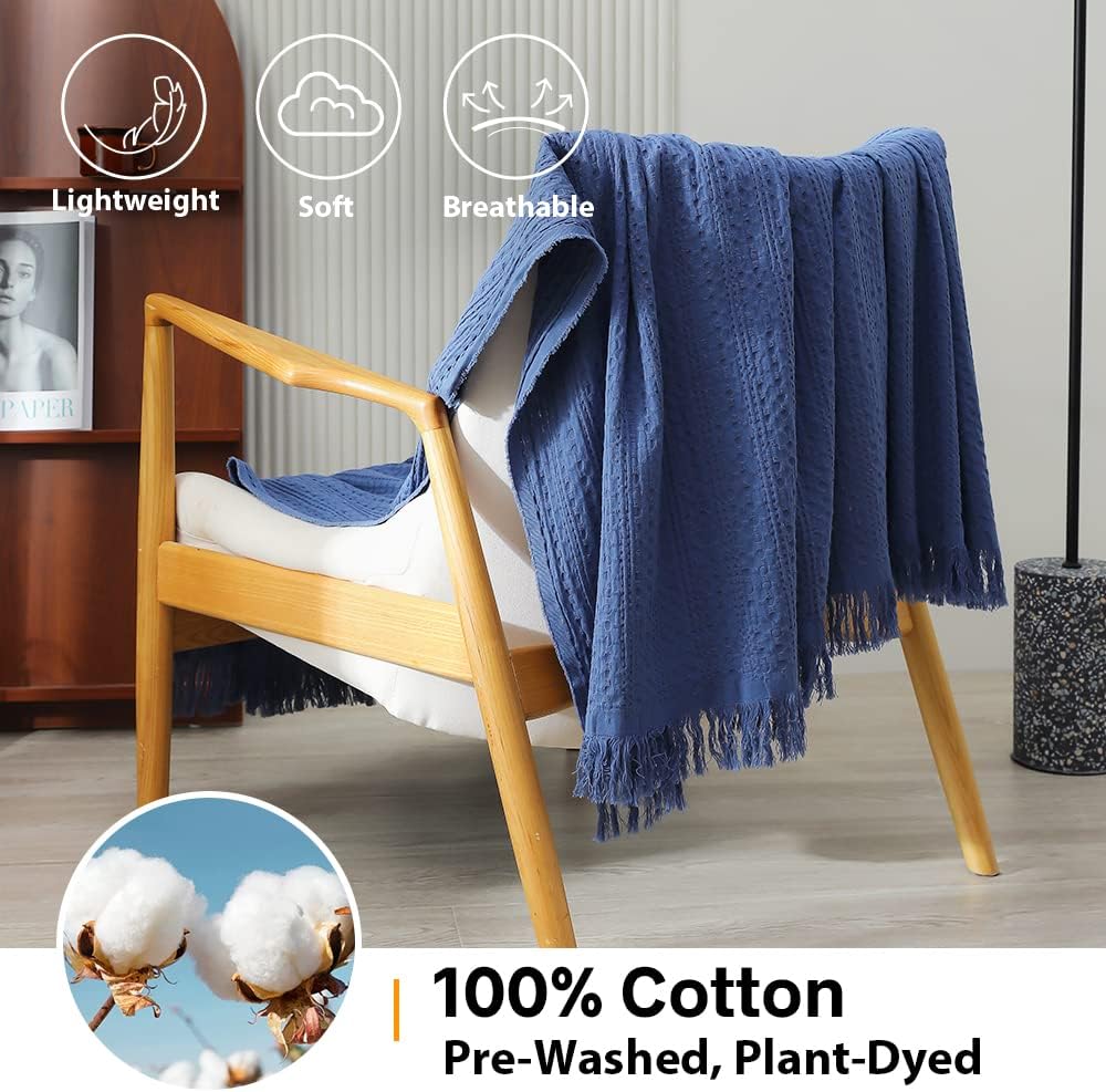 Simple&Opulence 100% Cotton Throw Blanket for Couch, Bed, Waffle Weave Cable Knit Blanket with Tassels, Soft Lightweight Pre-Washed Breathable Cozy Blanket Farmhouse Decoration for All-Season (Blue)