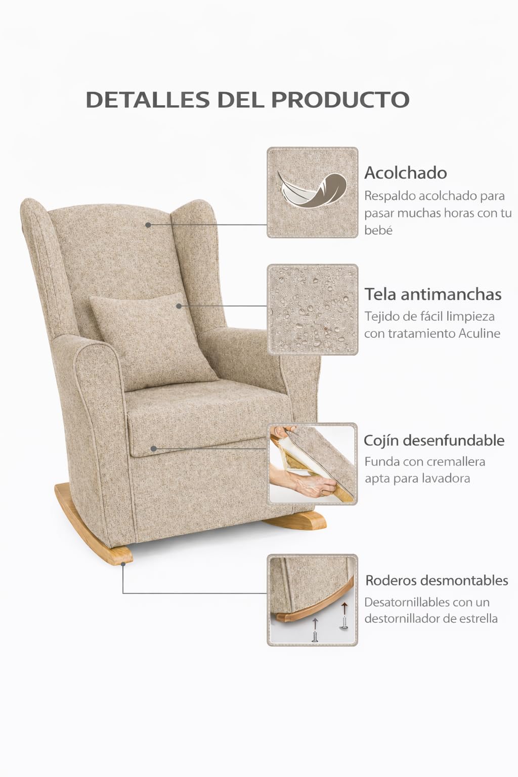 Sillón de Lactancia Balancín Moderno + Cojín Decorativo | Sillón Mecedora para Amamantar, Butaca de Lactancia Cómoda y Fácil Limpieza | Ideal para Bebé, Dormitorio y Salón. (Marrón) — view 6