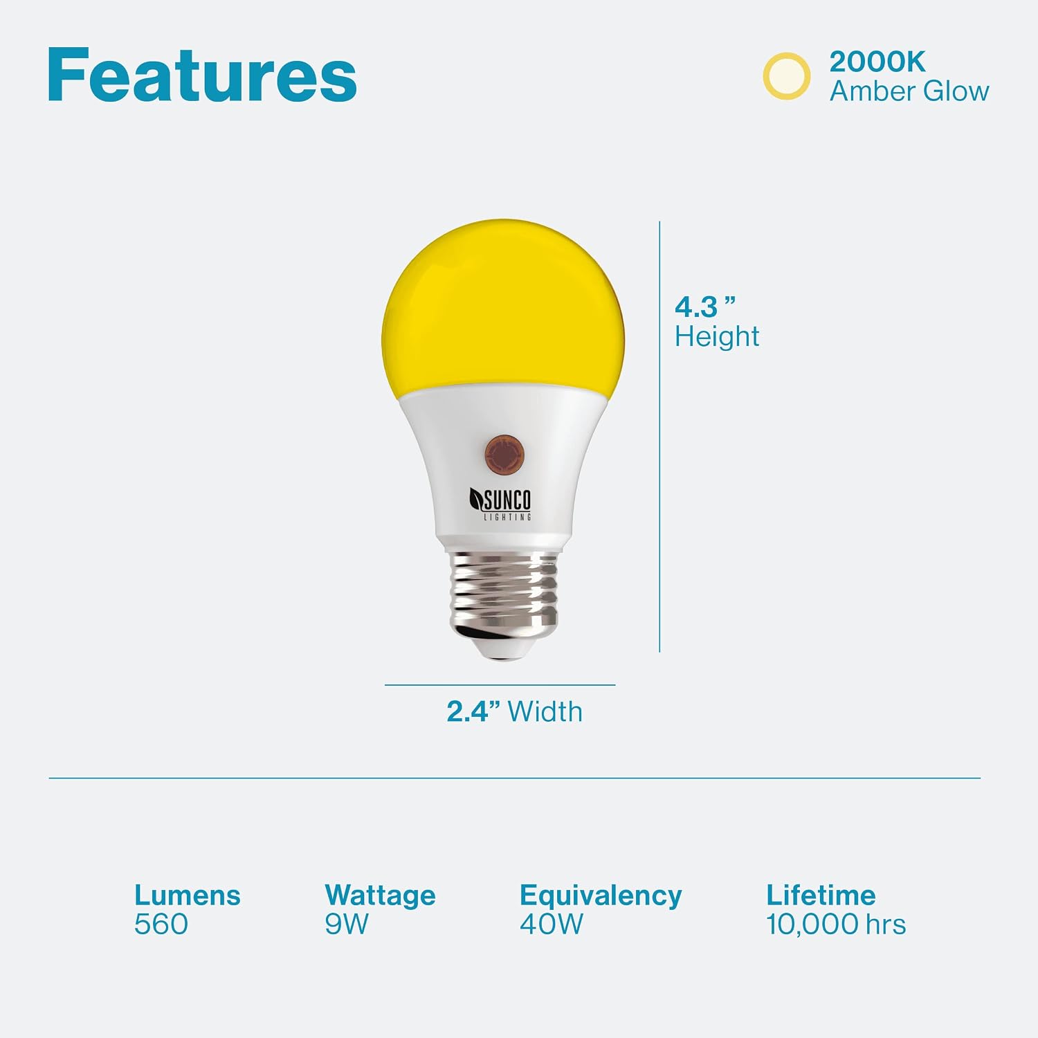 Sunco LED Bug Light Bulbs Outdoor A19 Yellow Dusk to Dawn Bug Light for Porch 9W Auto On/Off, Photocell Sensor, 2000K Amber Glow, E26 Base, Patio, Deck, Backyard UL Listed 2 Pack