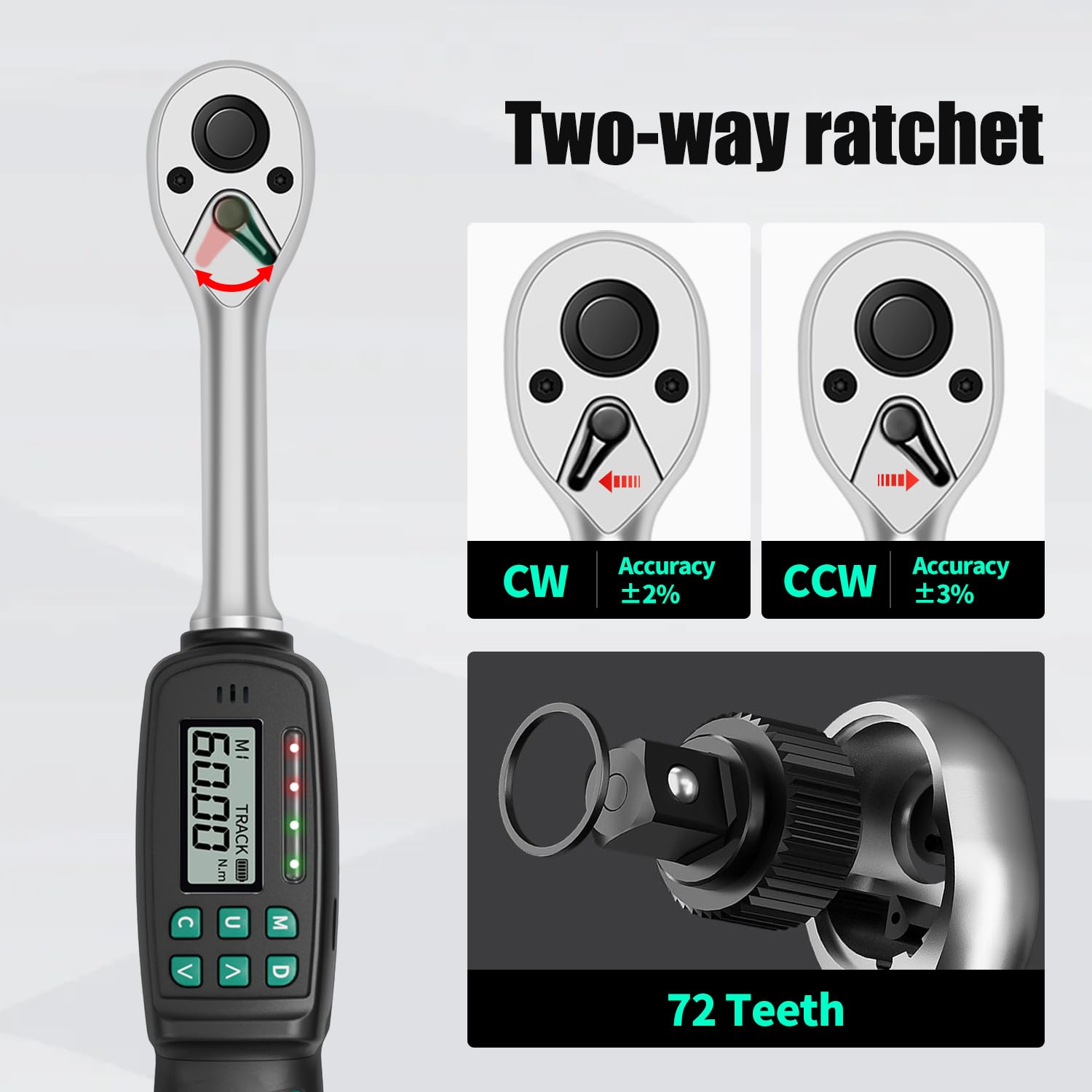 Llave dinamométrica digital, 3/8 pulgadas - 2.21-44.22 pies / 3-60 Nm - ± 2% de precisión - Valores preestablecidos 999 juegos - 72 dientes - Cabeza fija - Grado ajustable - Juego de herramientas
