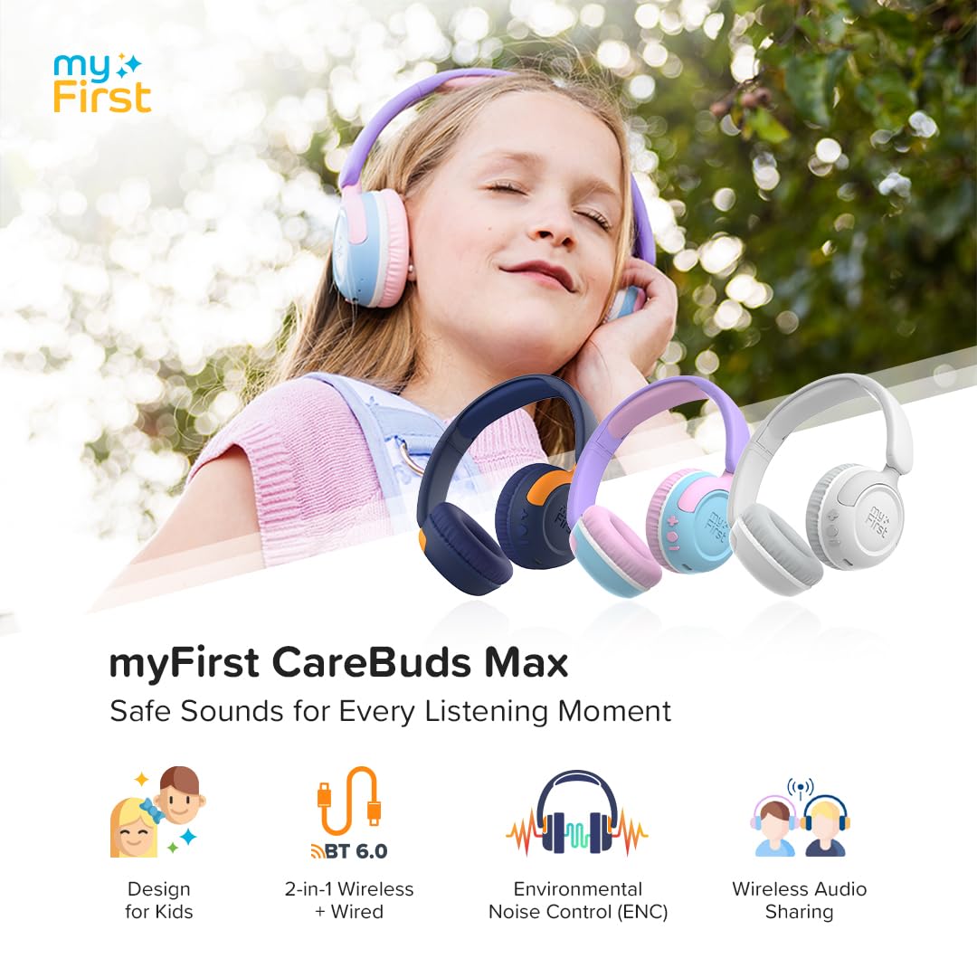 myFirst CareBuds Max – Kabellose Kopfhörer für Kinder mit Mikrofon, austauschbare Ohrpolster, intelligente Lautstärkebegrenzung, 52 Stunden Spielzeit, schnelles Aufladen (Cotton Candy Mix)
