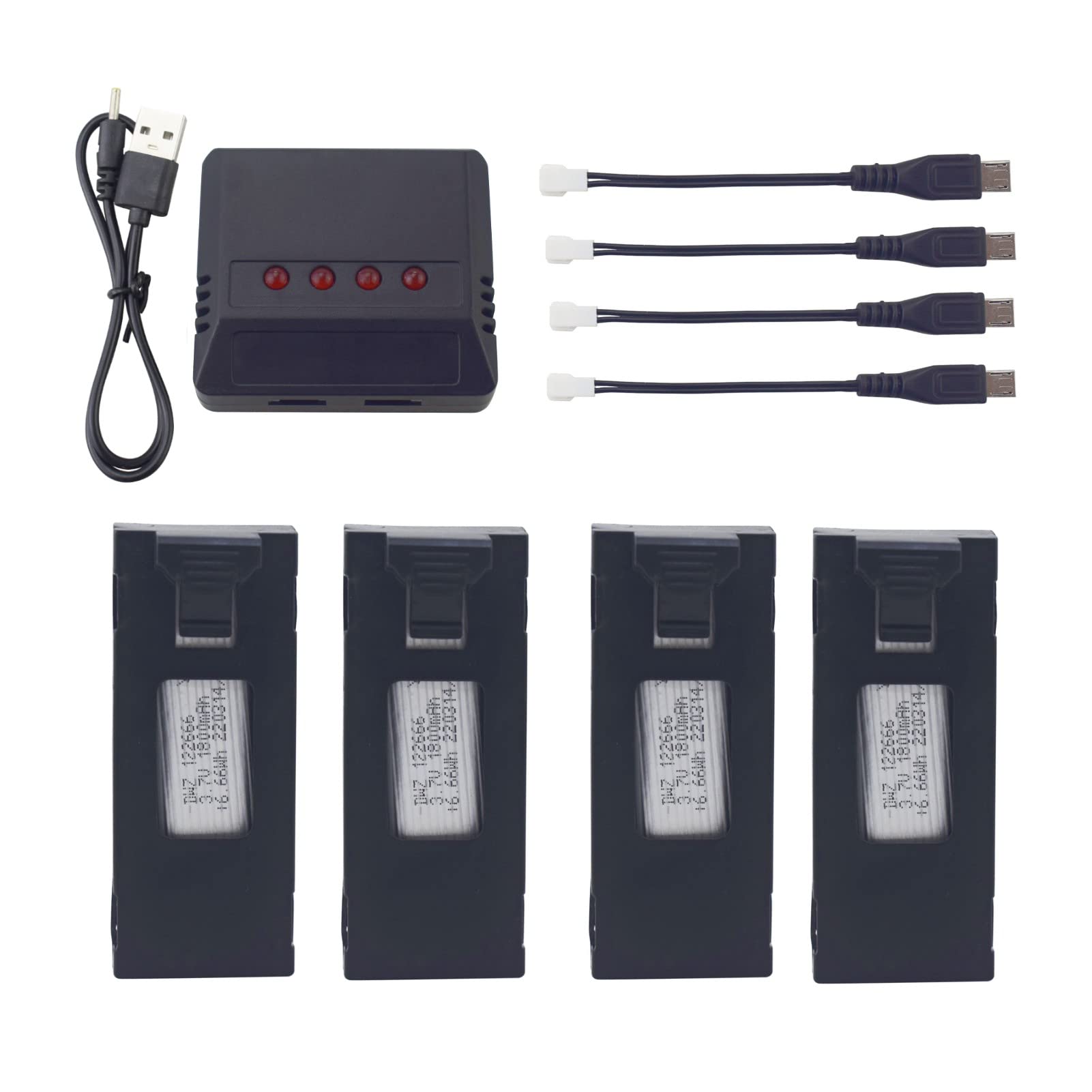 Fytoo Accessories 4PCS 3.7V 1800mah Li-ion Battery with 1PCS 4 in 1 Charger for E88 E88PRO E88MAX E525 E99 E99PRO P1 P5PRO K3 S1 P8 RC Quadcopter UAV Spare Li-ion Battery