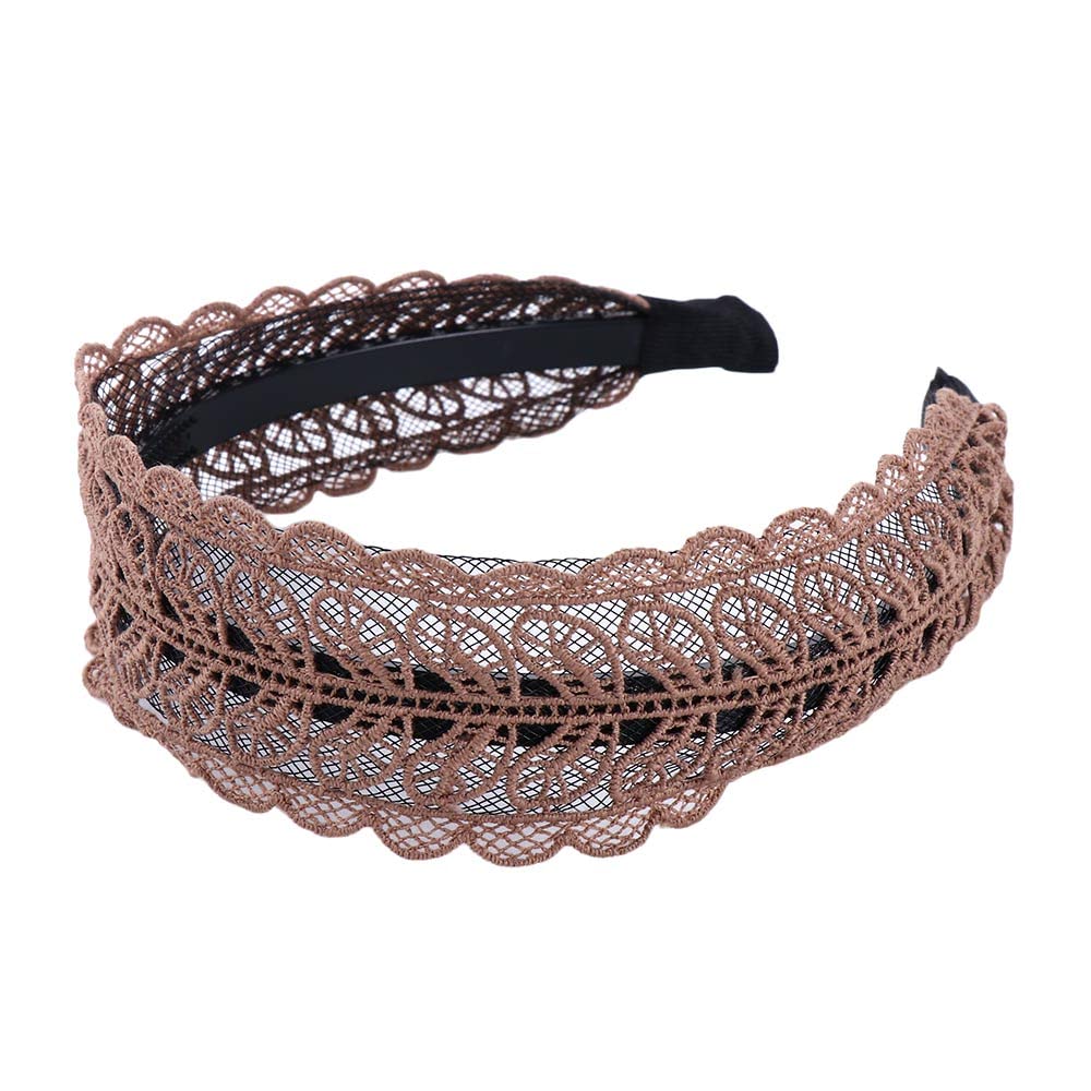 Wide Side Hairband Sweet Hair Ornament Lace Leaves Headband With Toothed Temperament Resin Make up Hair Wear(coffee)