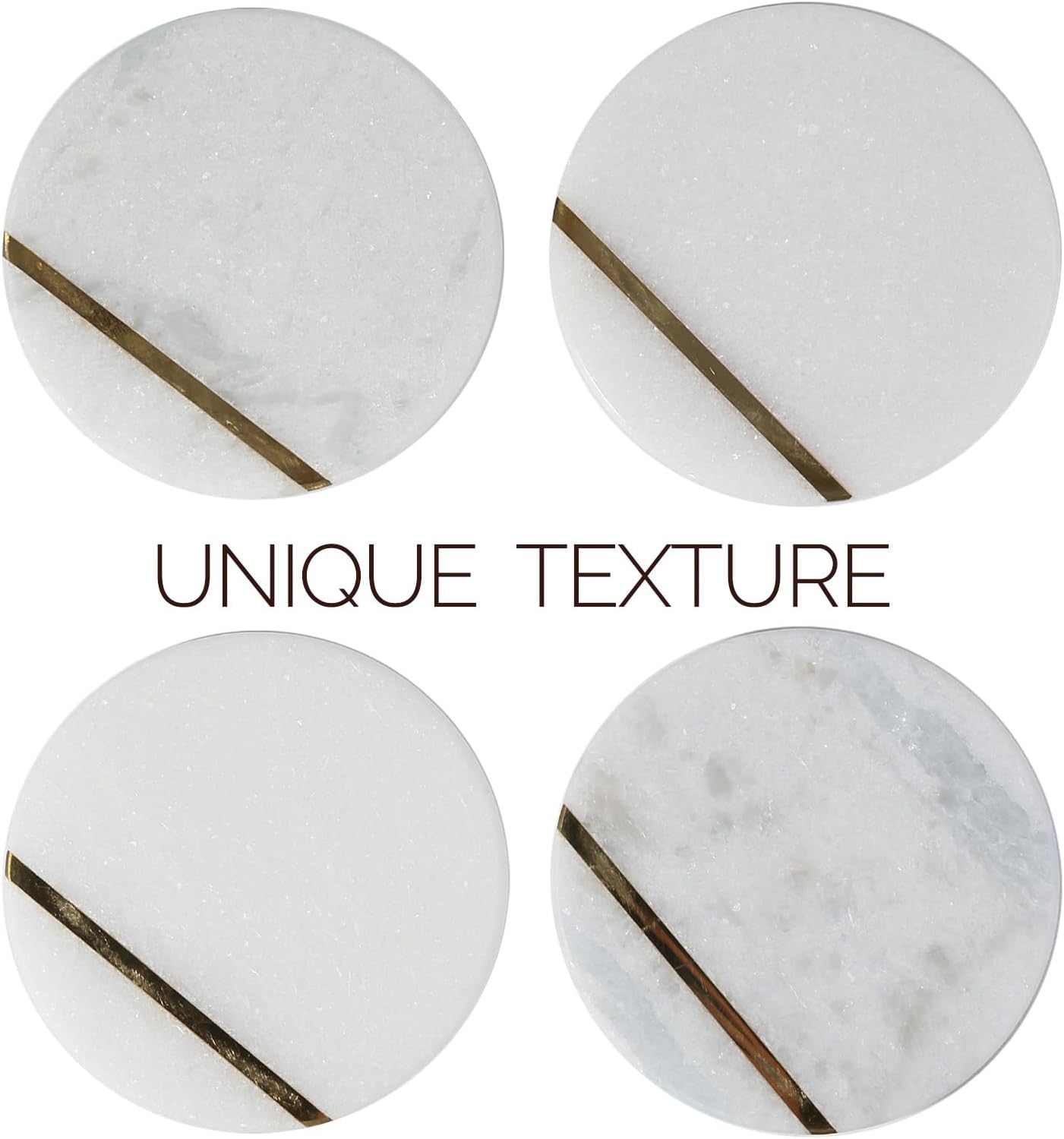 Koville Marble Coaster Set of 4, Round Coasters, 4" Stone Coaster for Drinks Coffee, White Marble with Gold Brass Coasters for Coffee Table Home Bar Decor, Heat Resistant, Gift Choice - Image 4