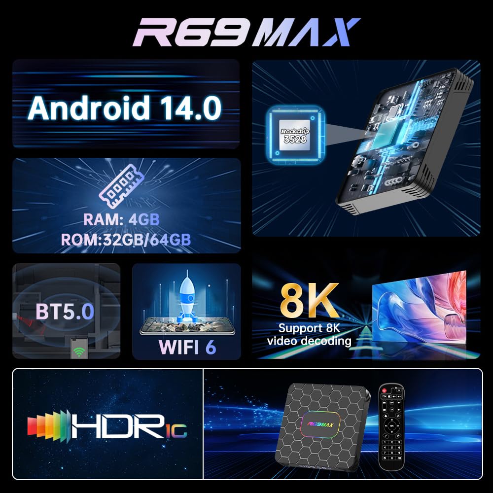 Android 14.0 TV Box, Box TV 4GB RAM 32GB ROM RK3528 Quad-Core Cortex-A53 8K Decoder, supporto 2.4G/5.0GHz Dual Wi-Fi 6 BT 5.0, USB 3.0/2.0, HDMI 2.0 Smart TV Box