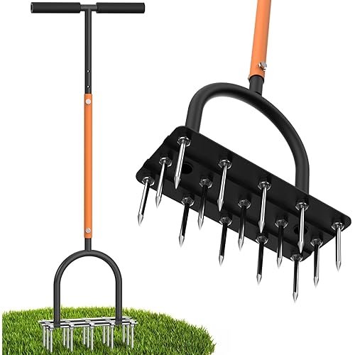 Lawn Aerator Spike Tool - Manual Grass Aerator with 15 Iron Spikes, Pre-Assembled Yard Aerator for Core Aeration, Dethatching, Heavy Duty T-Handle & Wide Foot Plate for Lawn Yard & Garden (Orange)